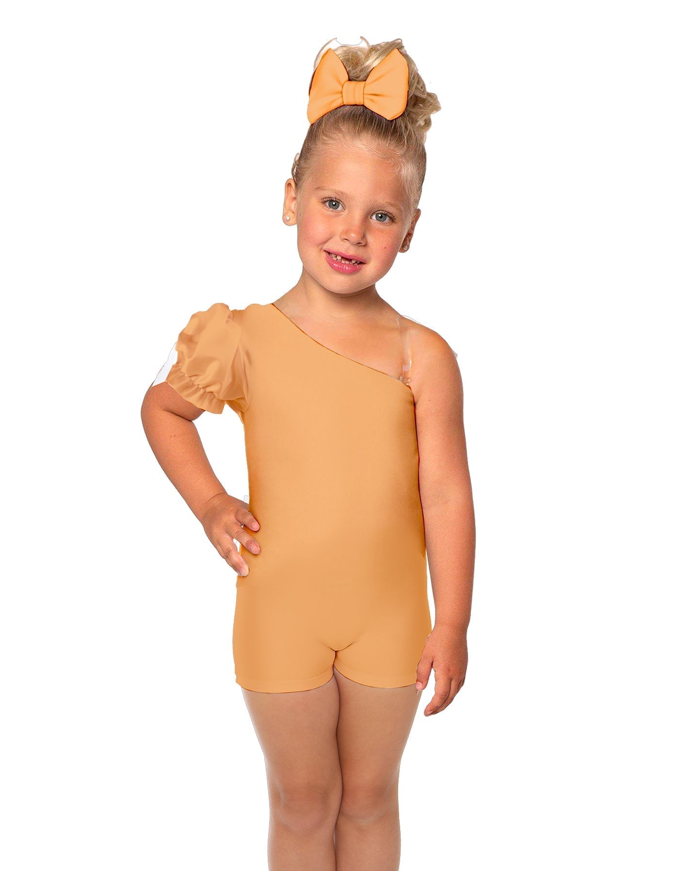 Solid Lycra One Shoulder Puff Sleeve Biketard