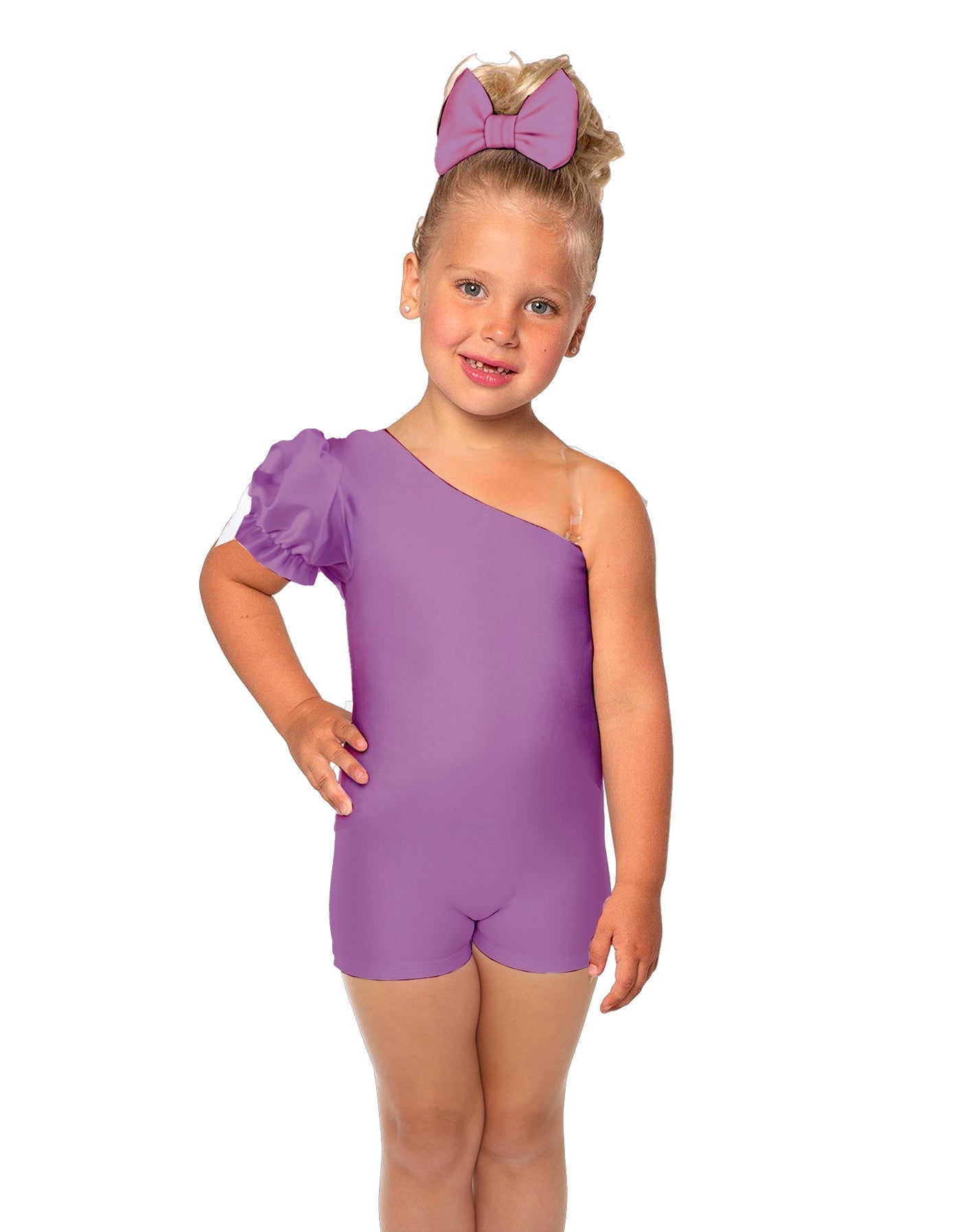 Solid Lycra One Shoulder Puff Sleeve Biketard