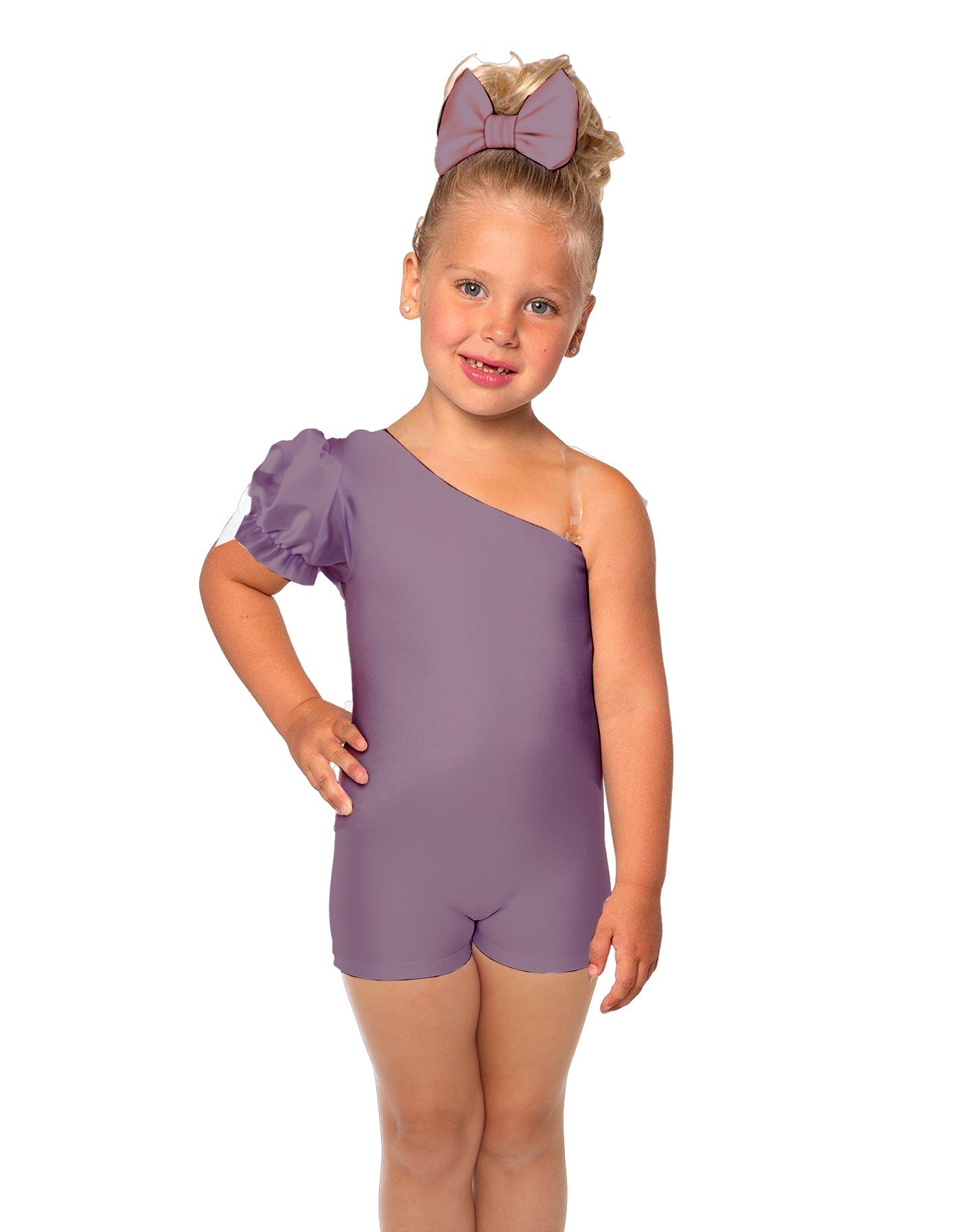 Solid Lycra One Shoulder Puff Sleeve Biketard