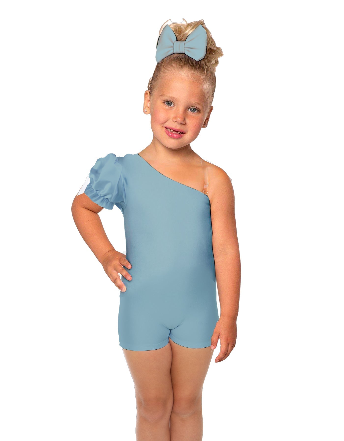 Solid Lycra One Shoulder Puff Sleeve Biketard