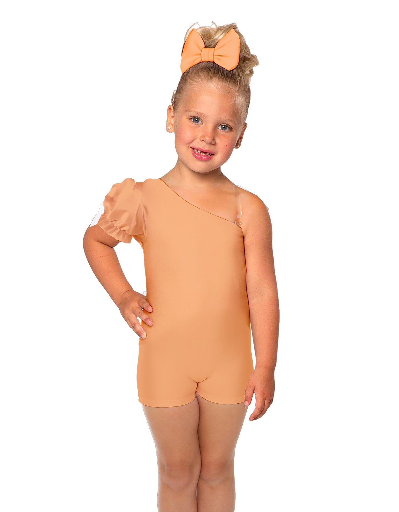 Solid Lycra One Shoulder Puff Sleeve Biketard