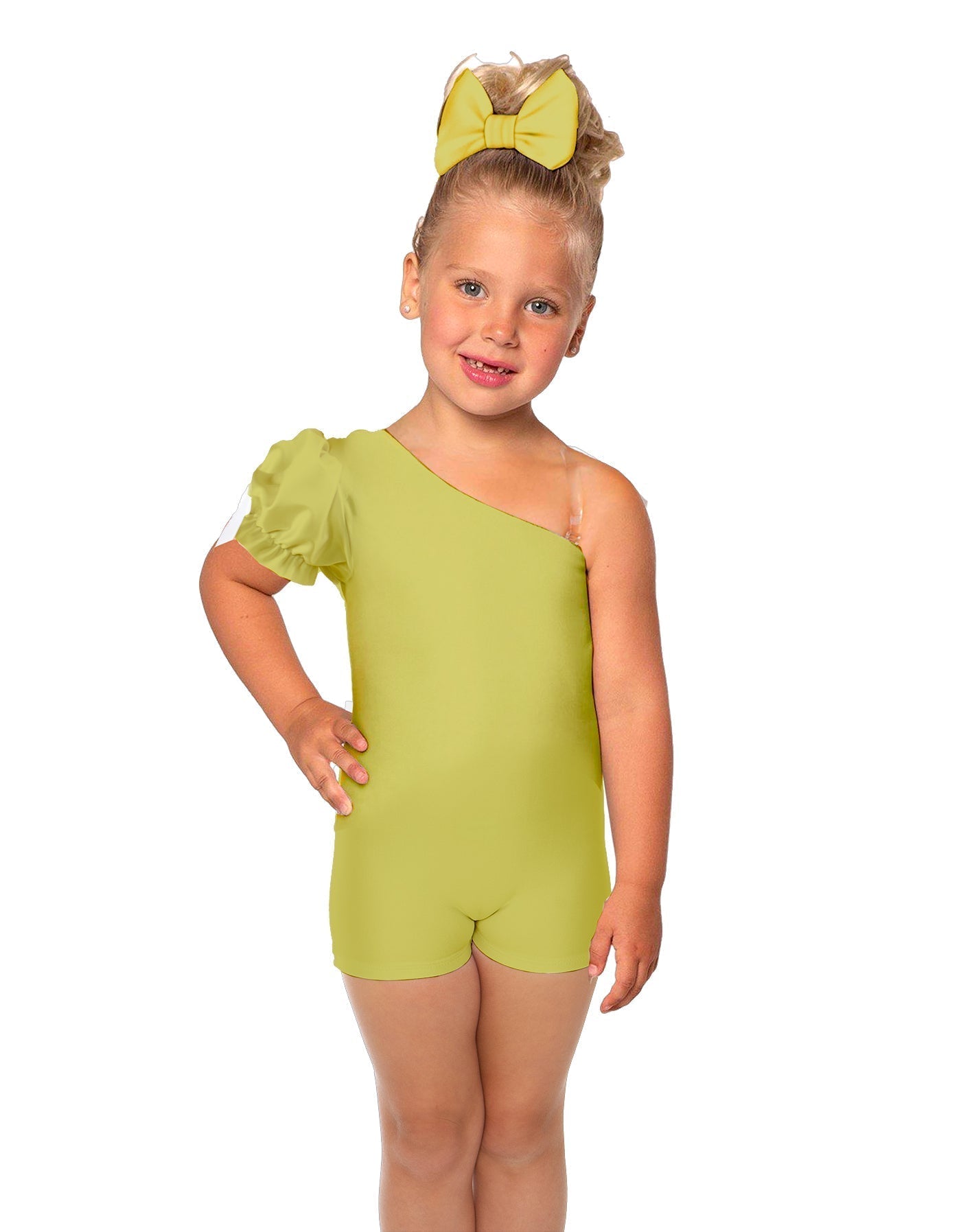 Solid Lycra One Shoulder Puff Sleeve Biketard
