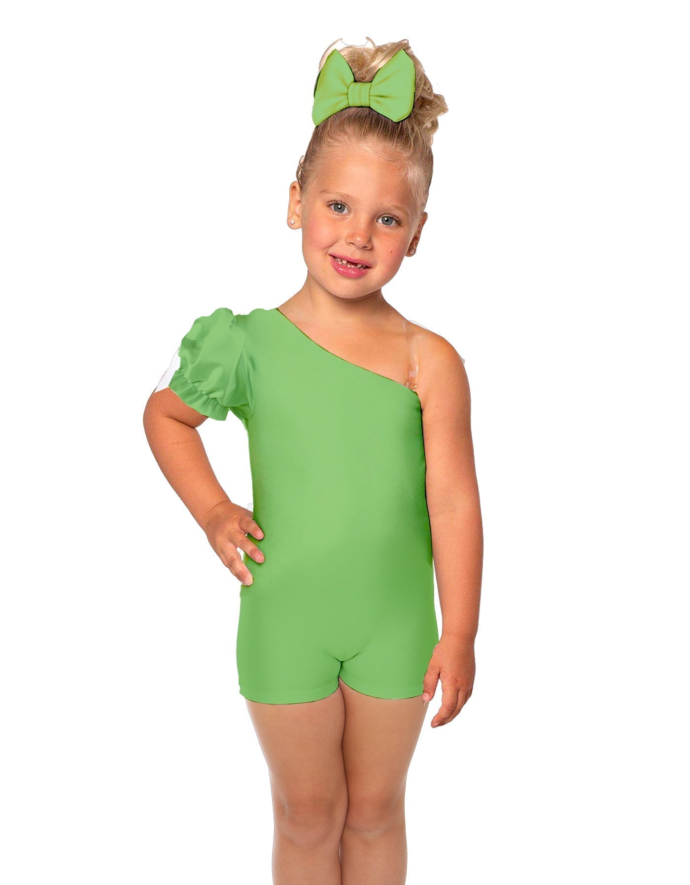 Solid Lycra One Shoulder Puff Sleeve Biketard