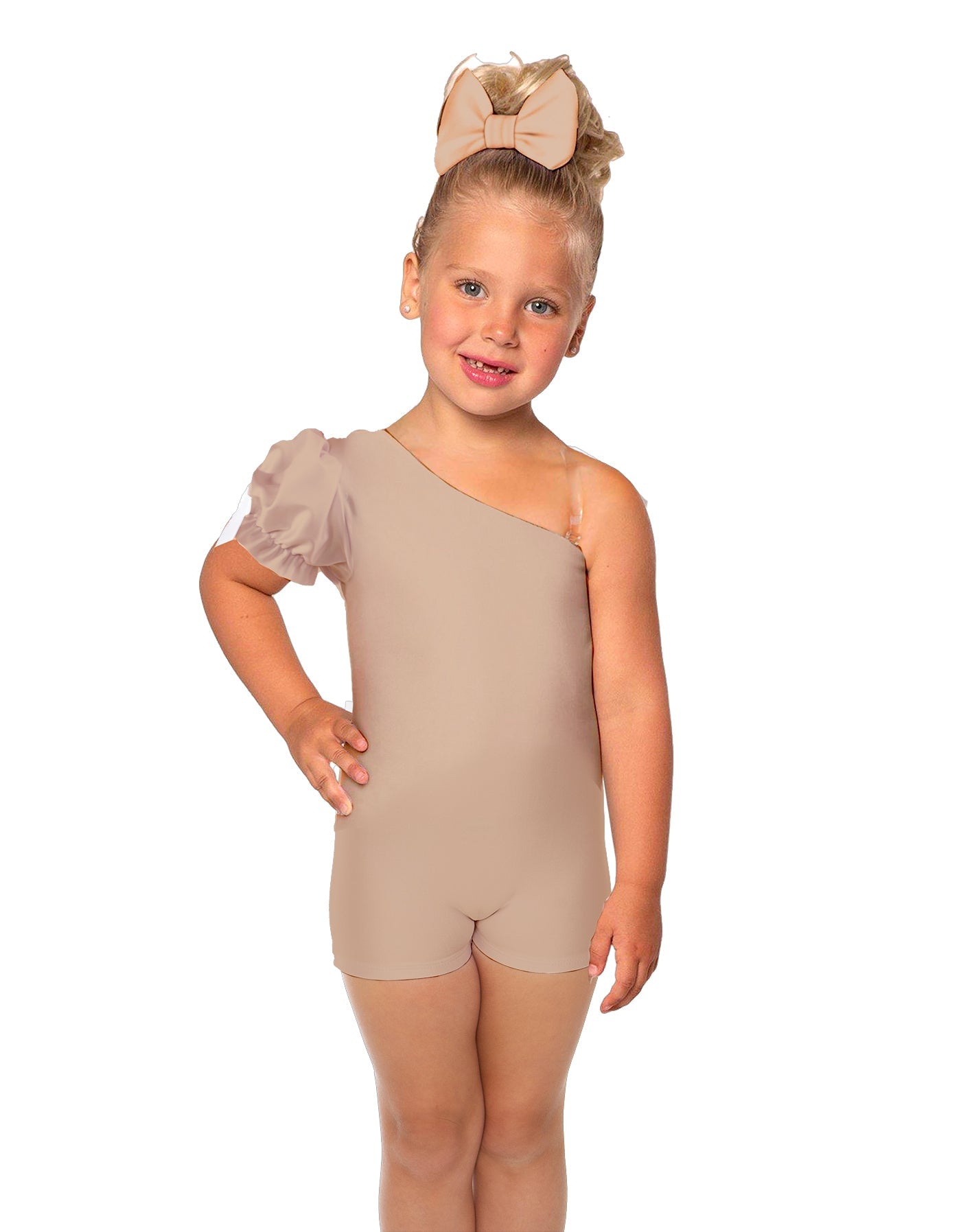 Solid Lycra One Shoulder Puff Sleeve Biketard