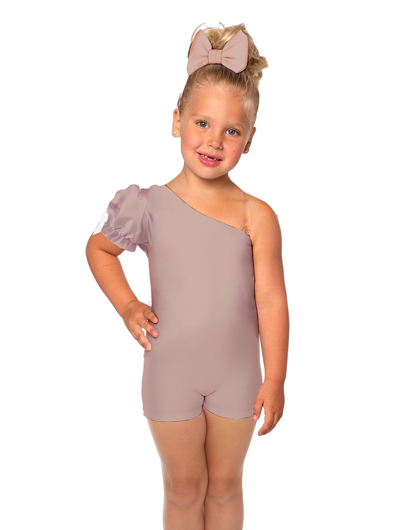 Solid Lycra One Shoulder Puff Sleeve Biketard