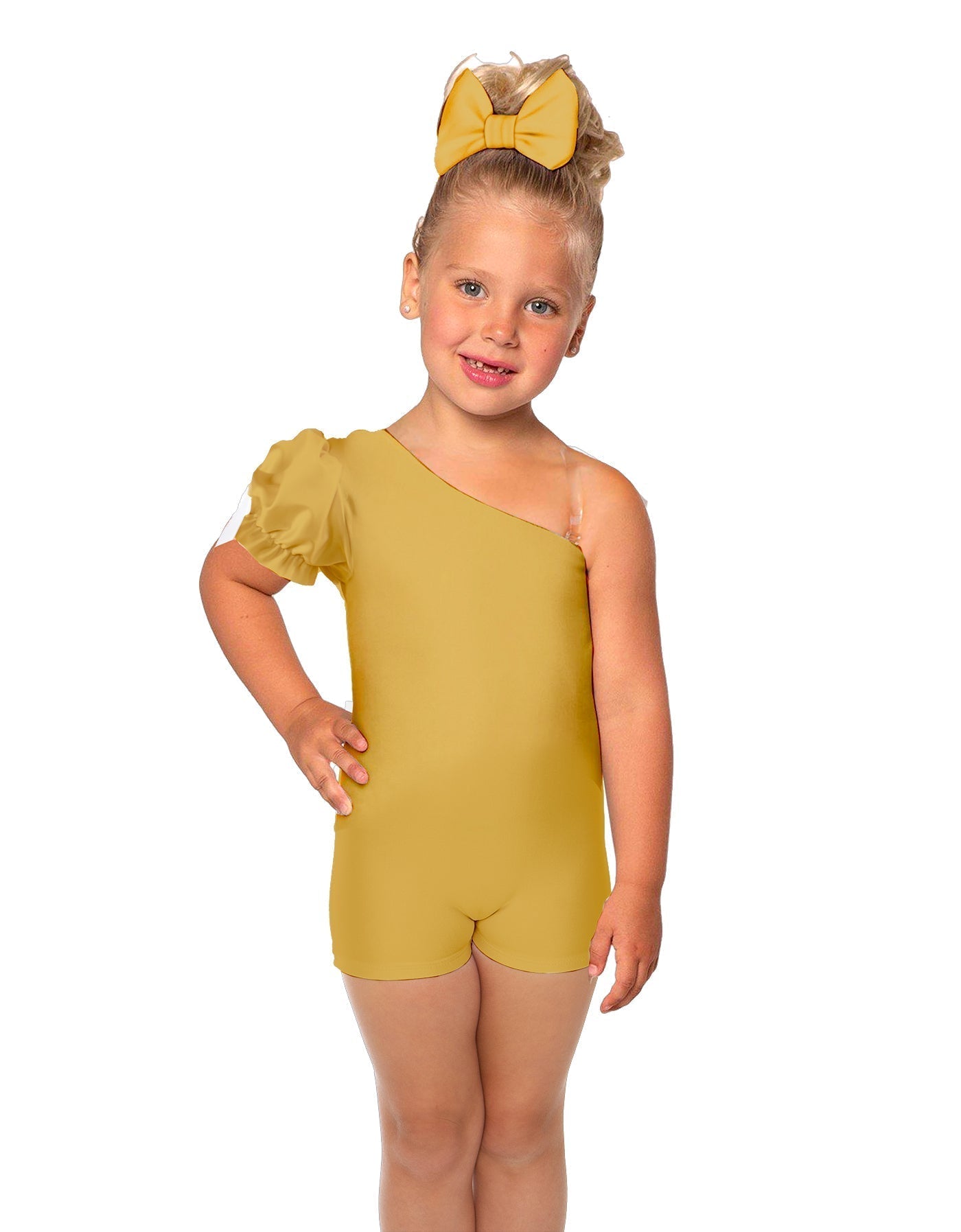 Solid Lycra One Shoulder Puff Sleeve Biketard