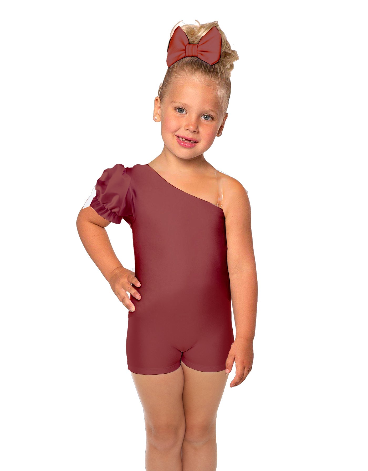 Solid Lycra One Shoulder Puff Sleeve Biketard