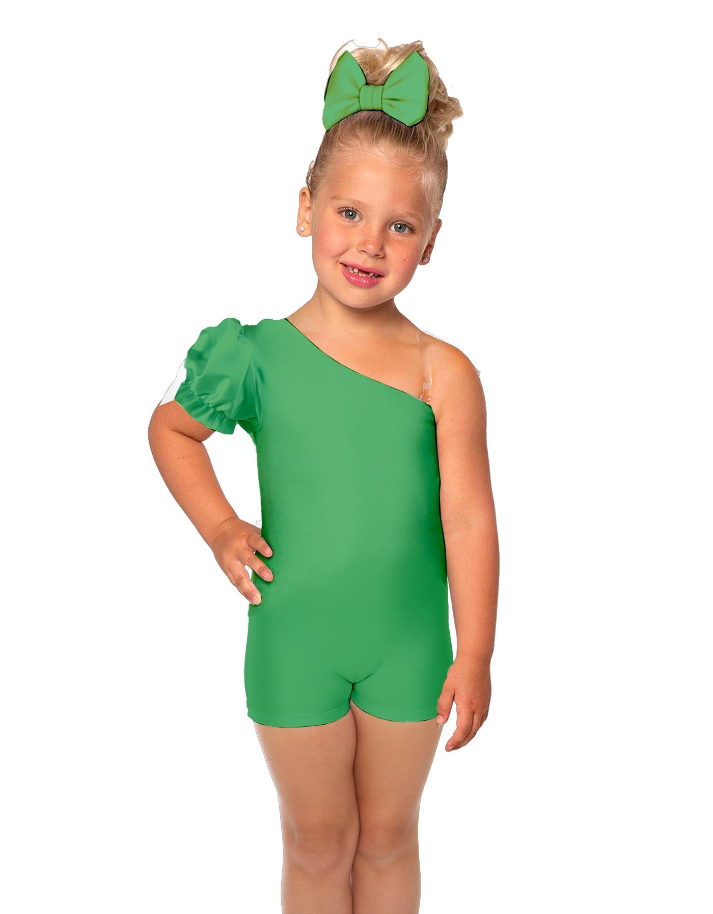 Solid Lycra One Shoulder Puff Sleeve Biketard