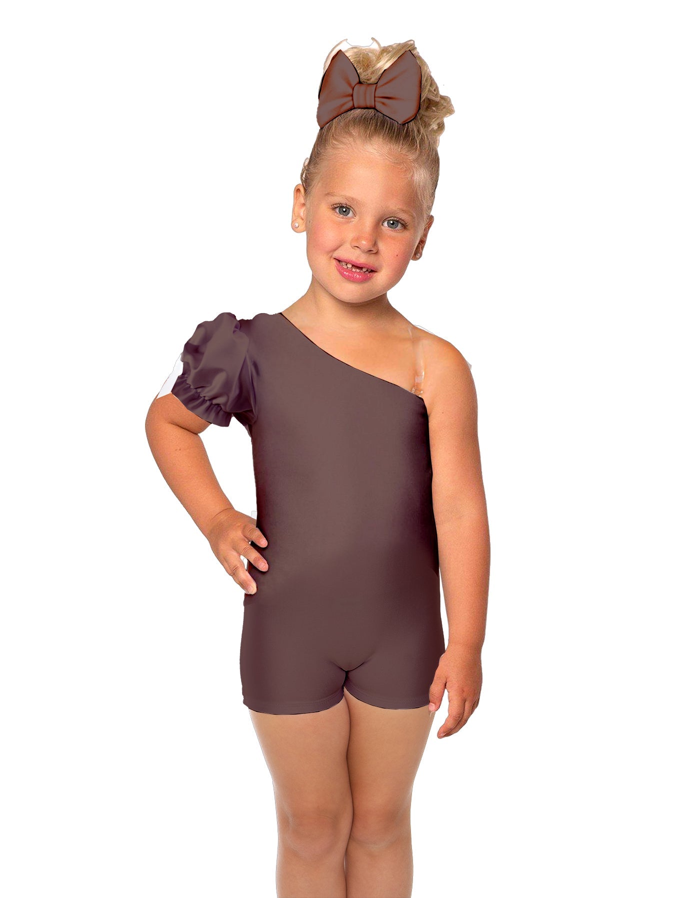 Solid Lycra One Shoulder Puff Sleeve Biketard