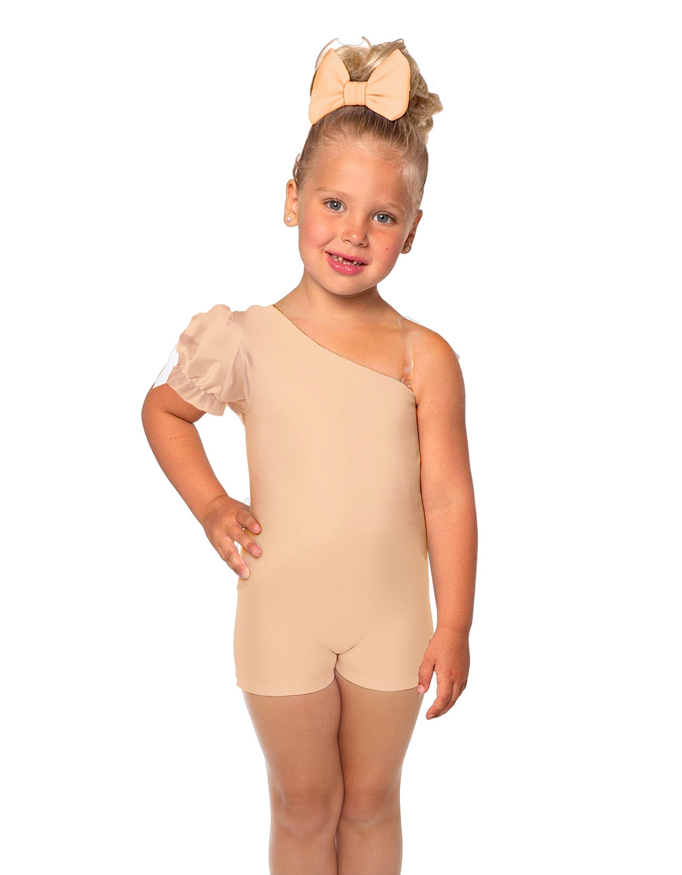 Solid Lycra One Shoulder Puff Sleeve Biketard
