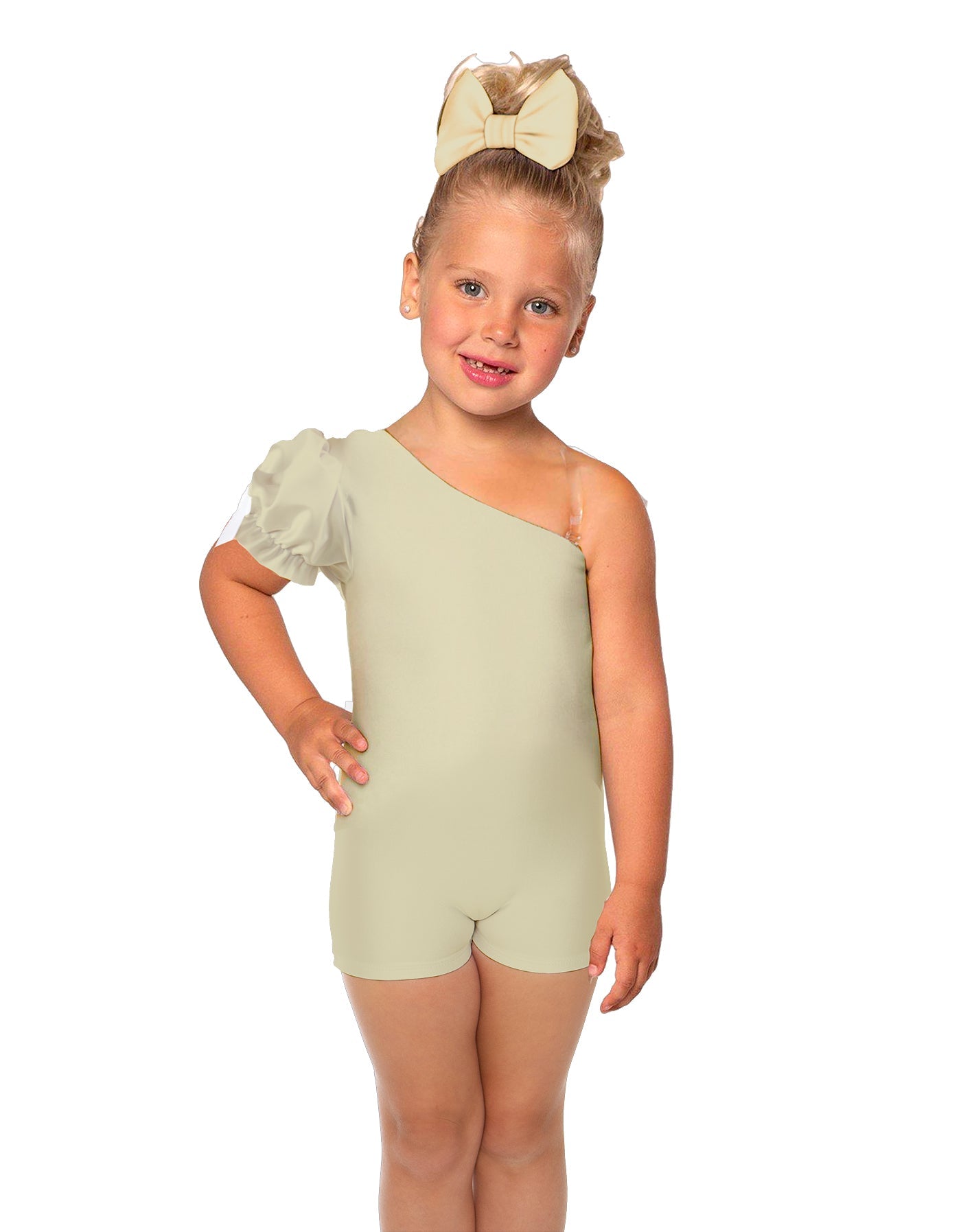 Solid Lycra One Shoulder Puff Sleeve Biketard