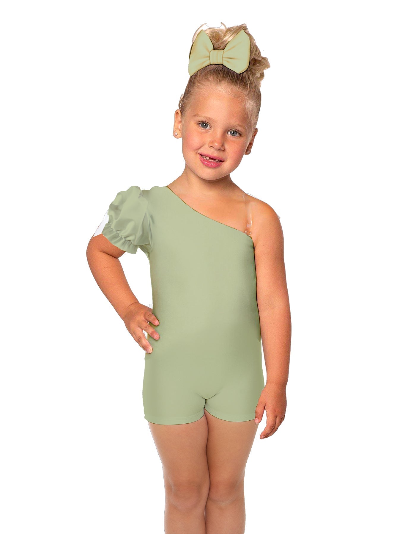 Solid Lycra One Shoulder Puff Sleeve Biketard