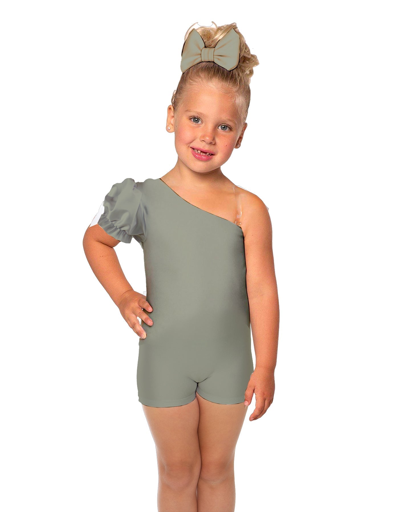 Solid Lycra One Shoulder Puff Sleeve Biketard