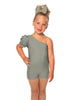 Solid Lycra One Shoulder Puff Sleeve Biketard