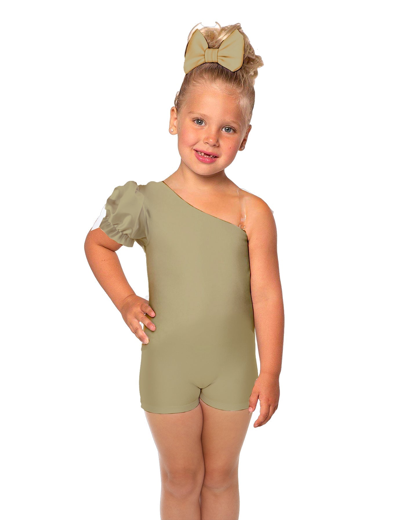 Solid Lycra One Shoulder Puff Sleeve Biketard