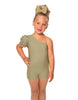 Solid Lycra One Shoulder Puff Sleeve Biketard