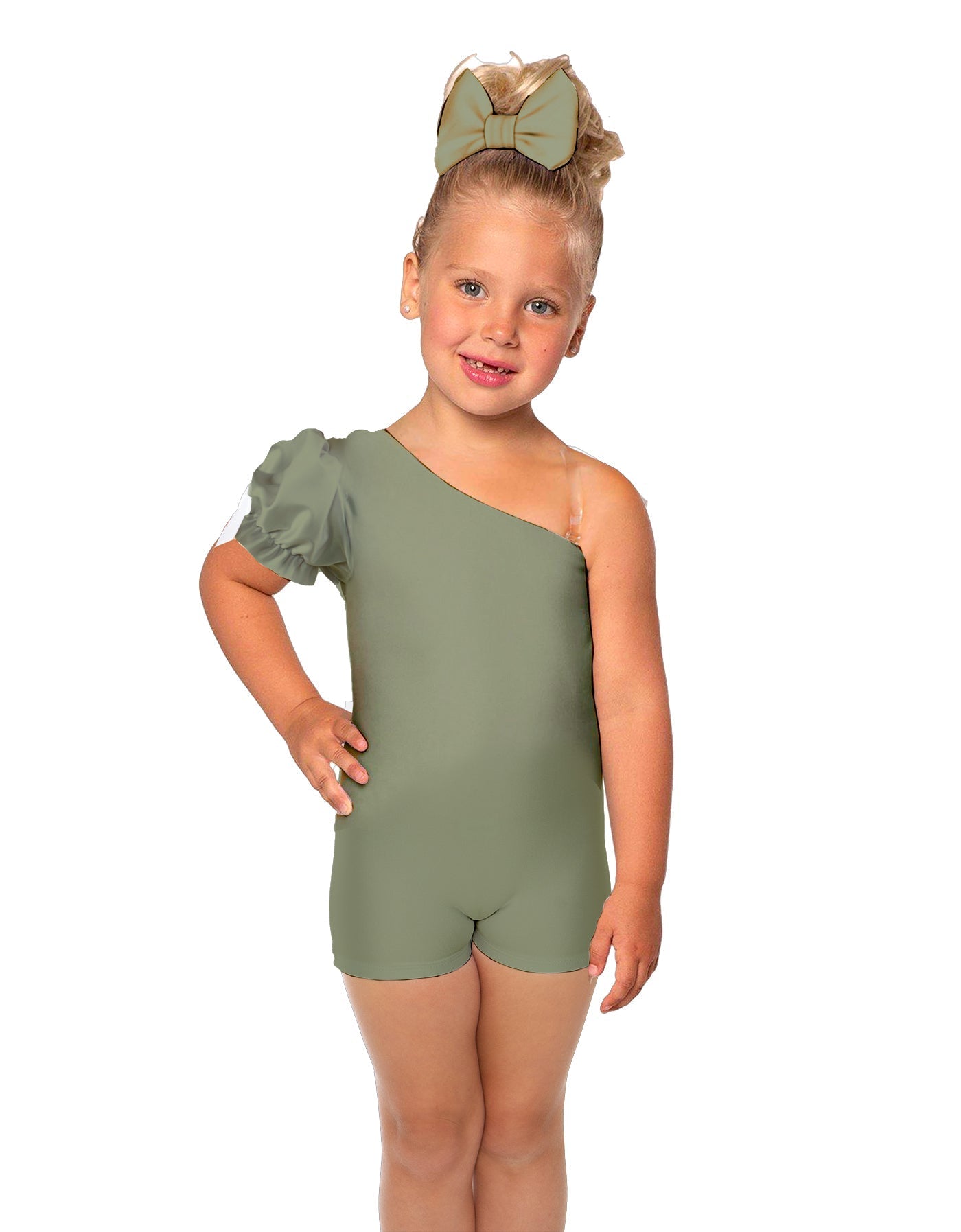 Solid Lycra One Shoulder Puff Sleeve Biketard