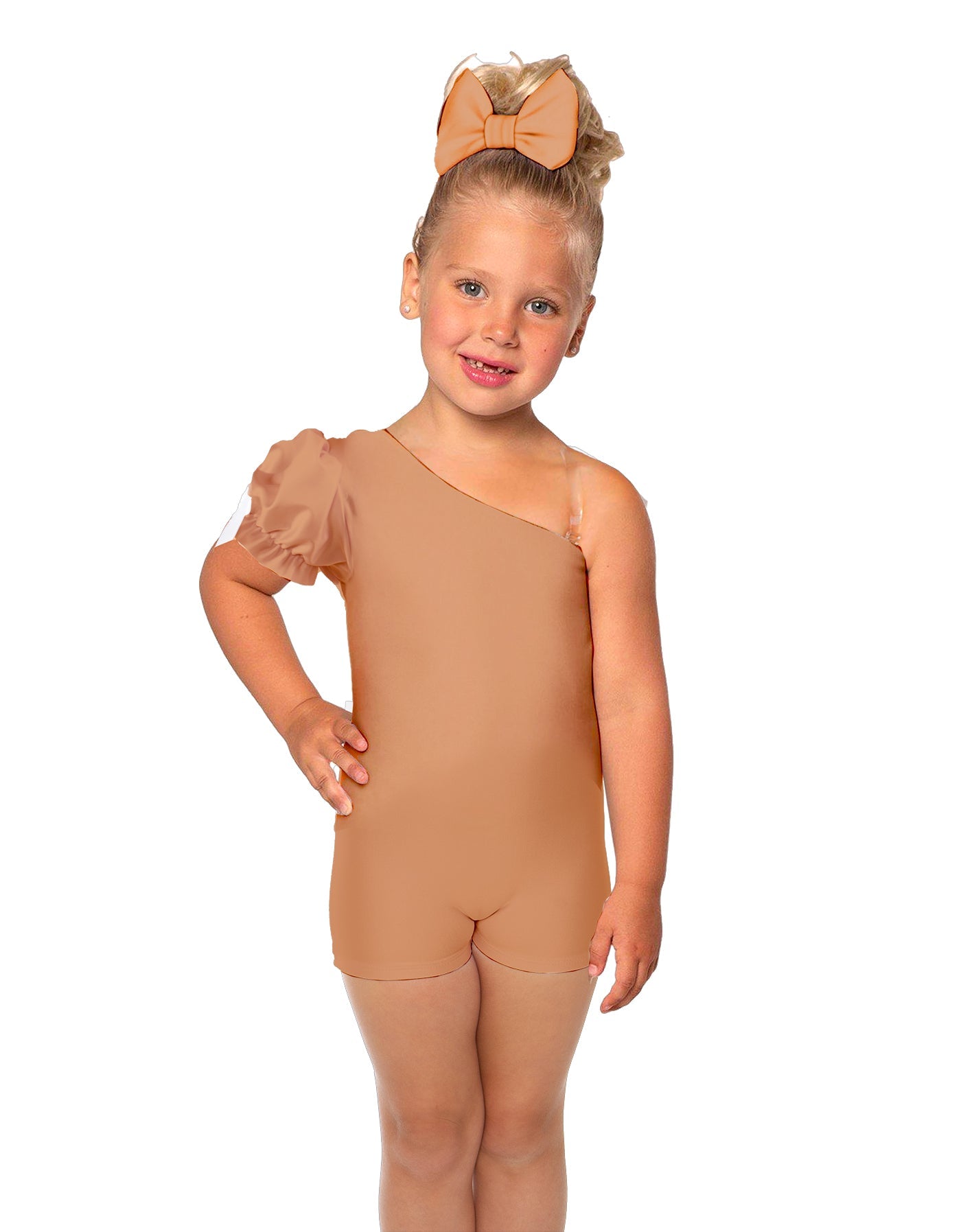 Solid Lycra One Shoulder Puff Sleeve Biketard