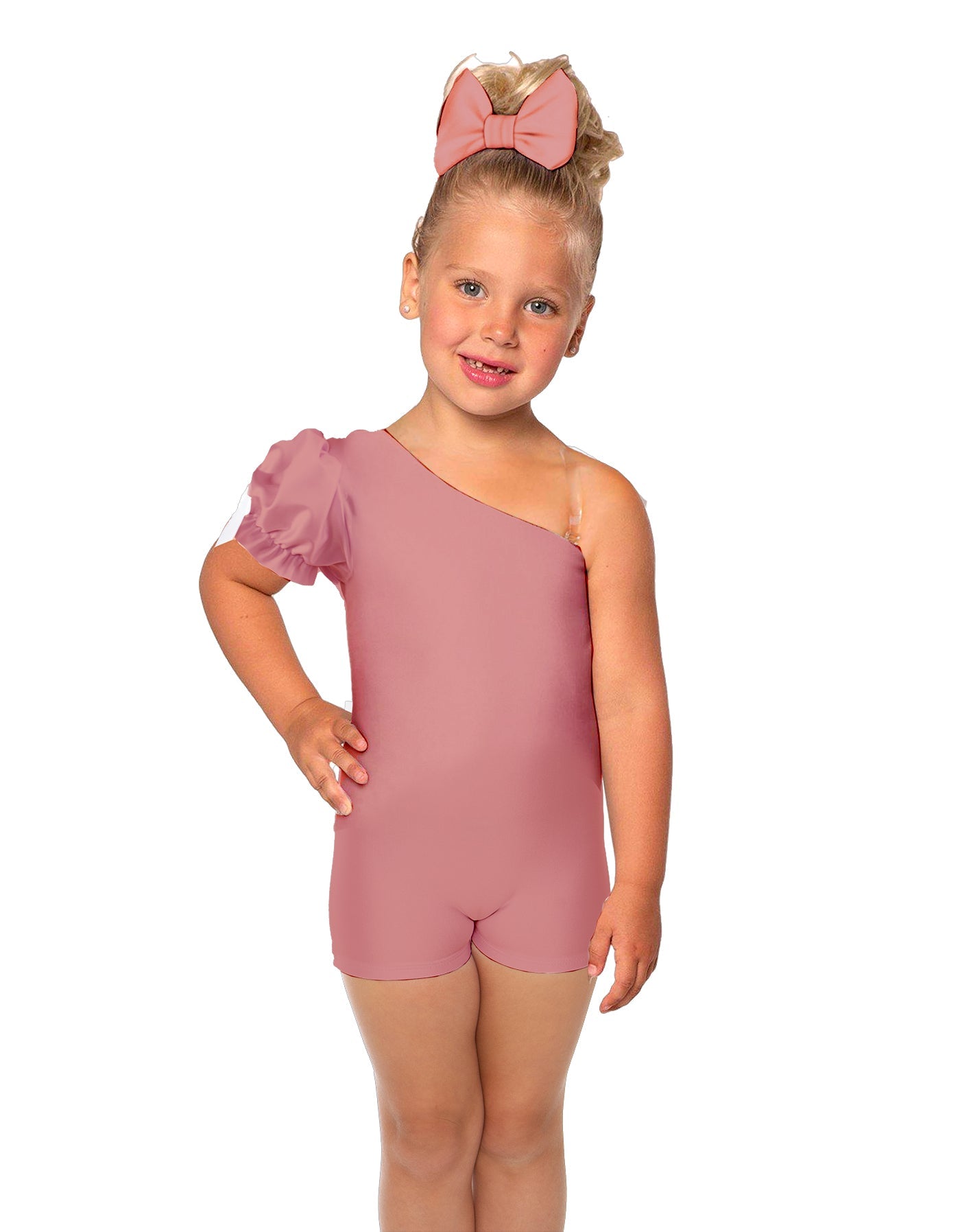 Solid Lycra One Shoulder Puff Sleeve Biketard