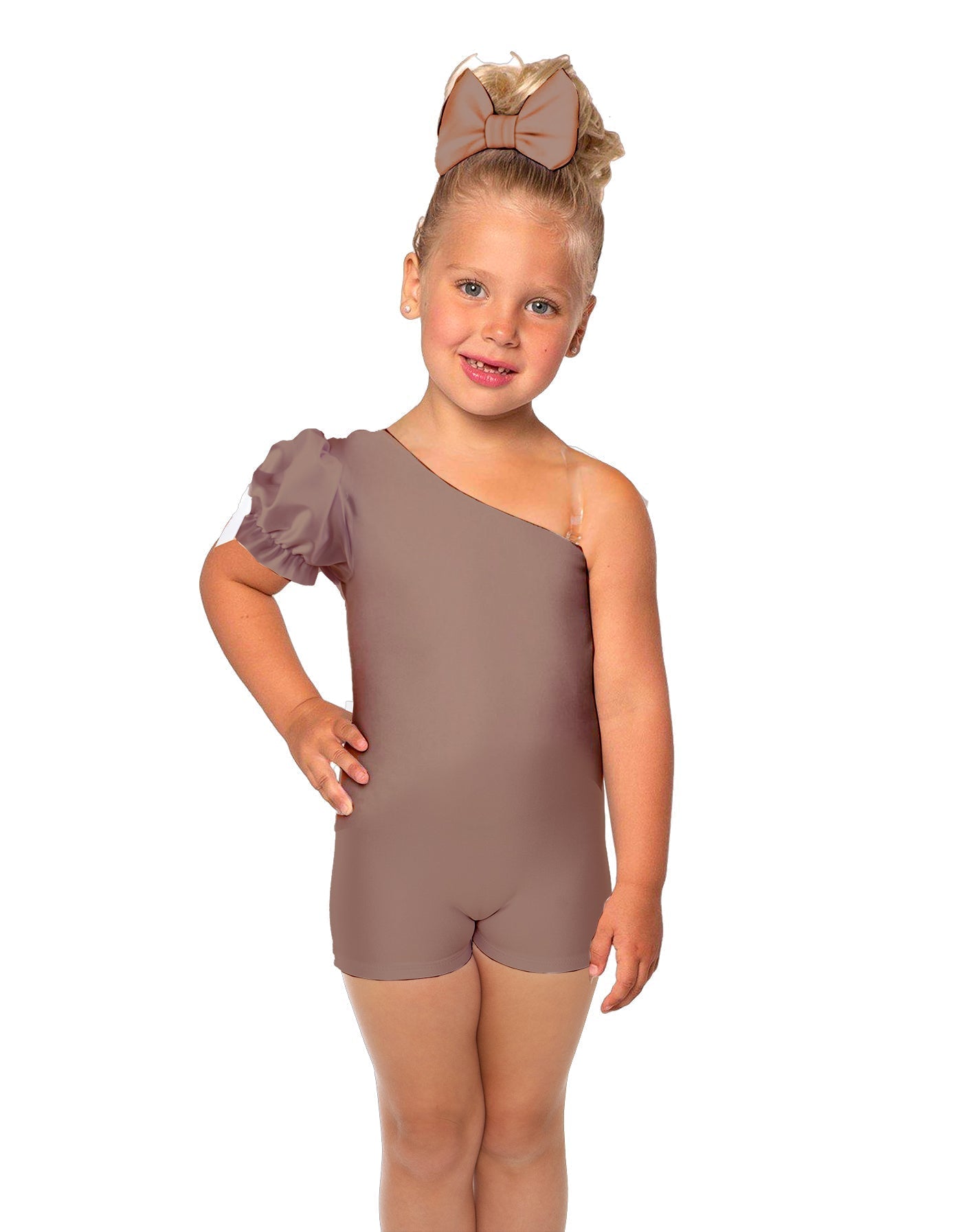 Solid Lycra One Shoulder Puff Sleeve Biketard