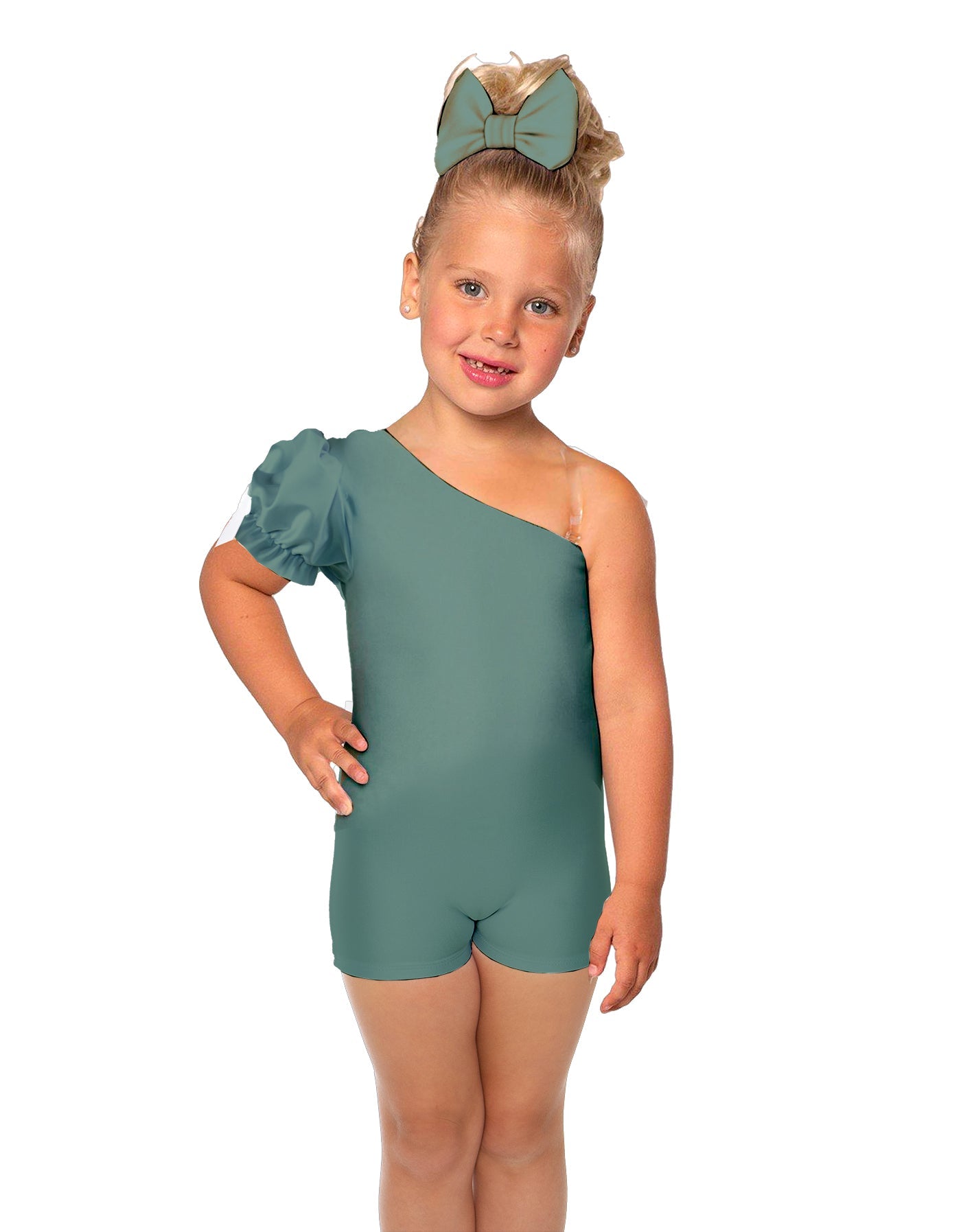 Solid Lycra One Shoulder Puff Sleeve Biketard