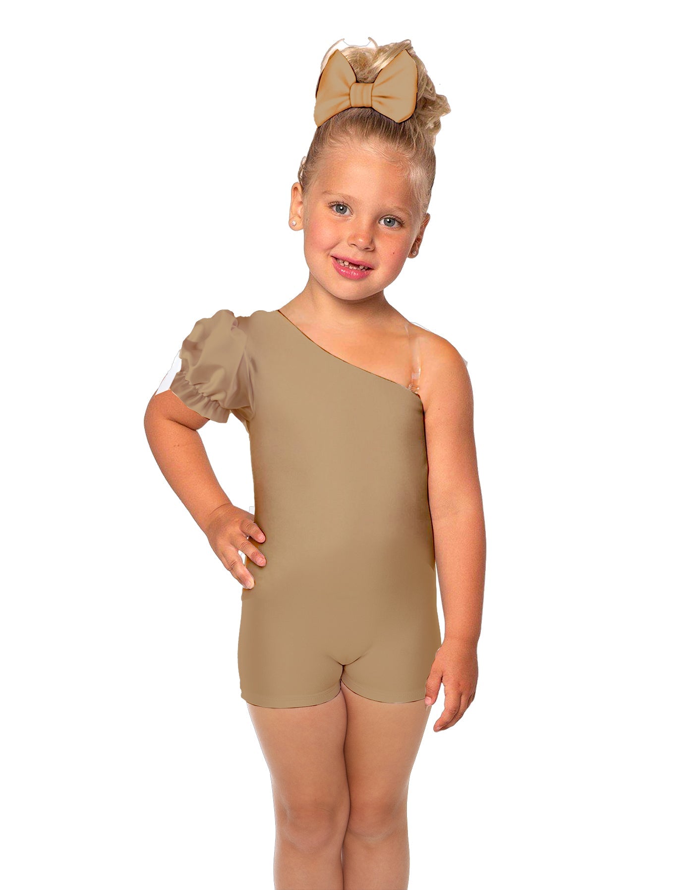 Solid Lycra One Shoulder Puff Sleeve Biketard