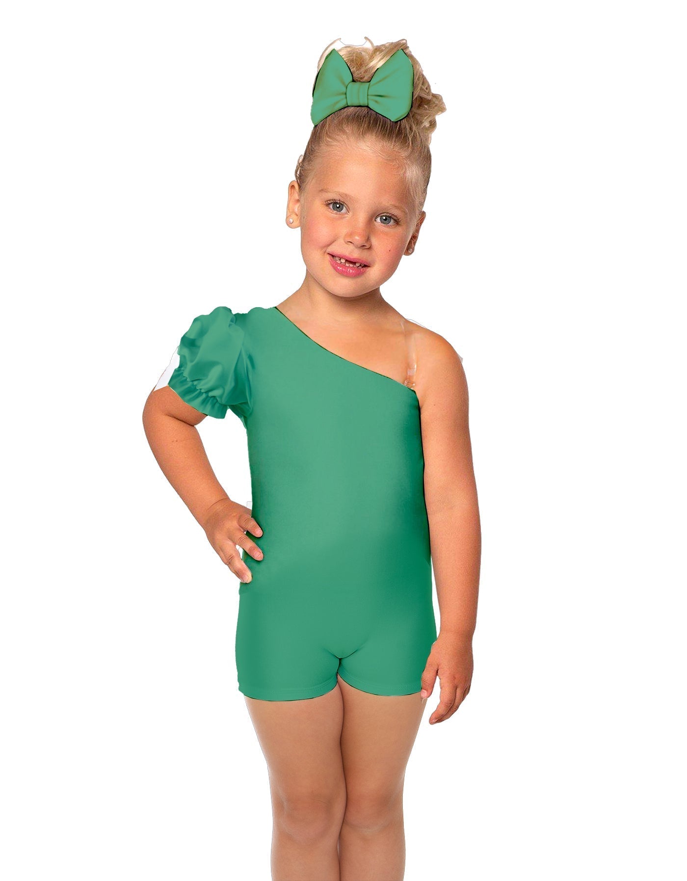 Solid Lycra One Shoulder Puff Sleeve Biketard