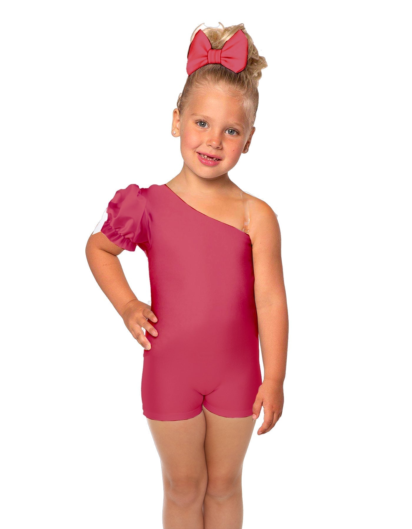 Solid Lycra One Shoulder Puff Sleeve Biketard