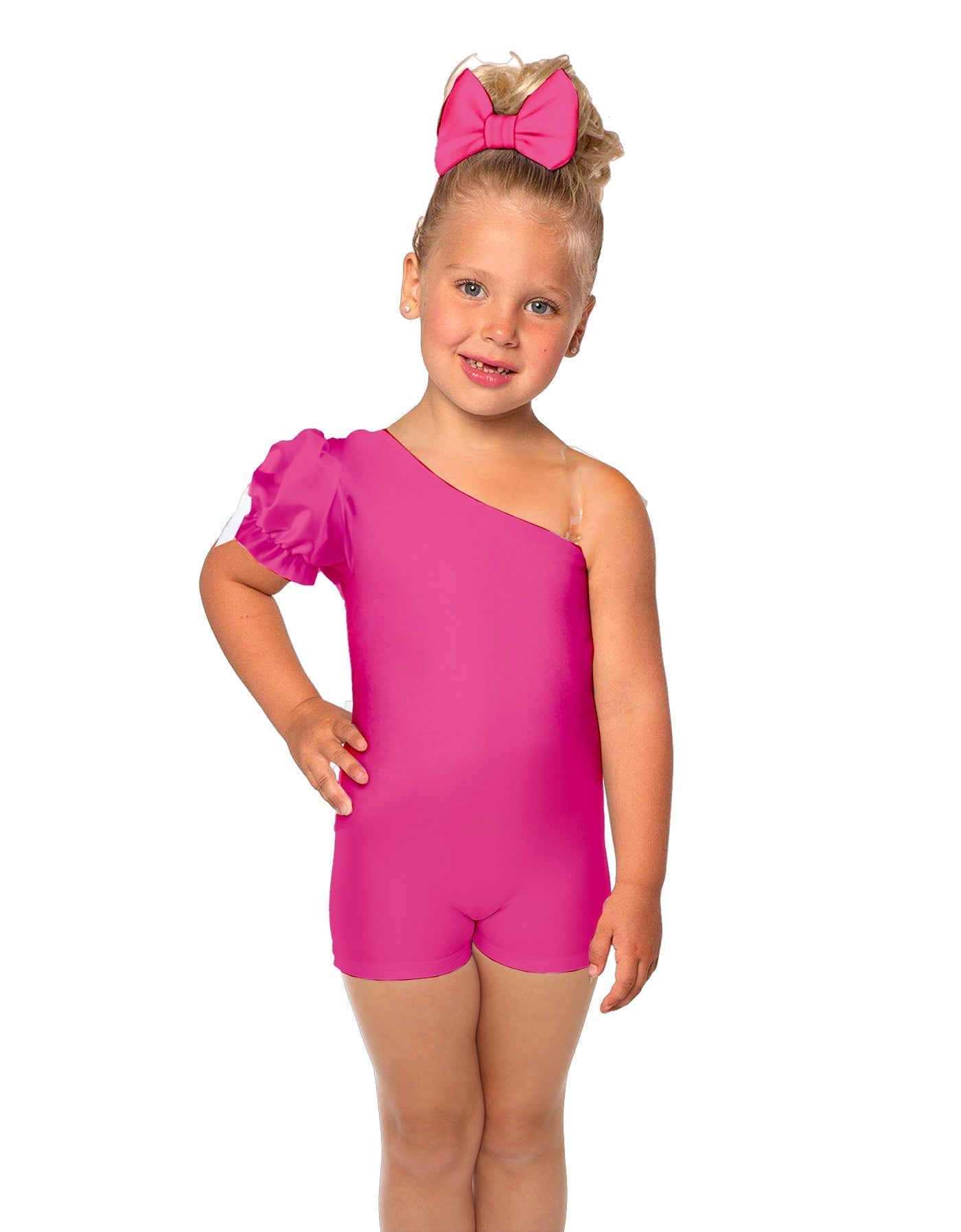 Solid Lycra One Shoulder Puff Sleeve Biketard