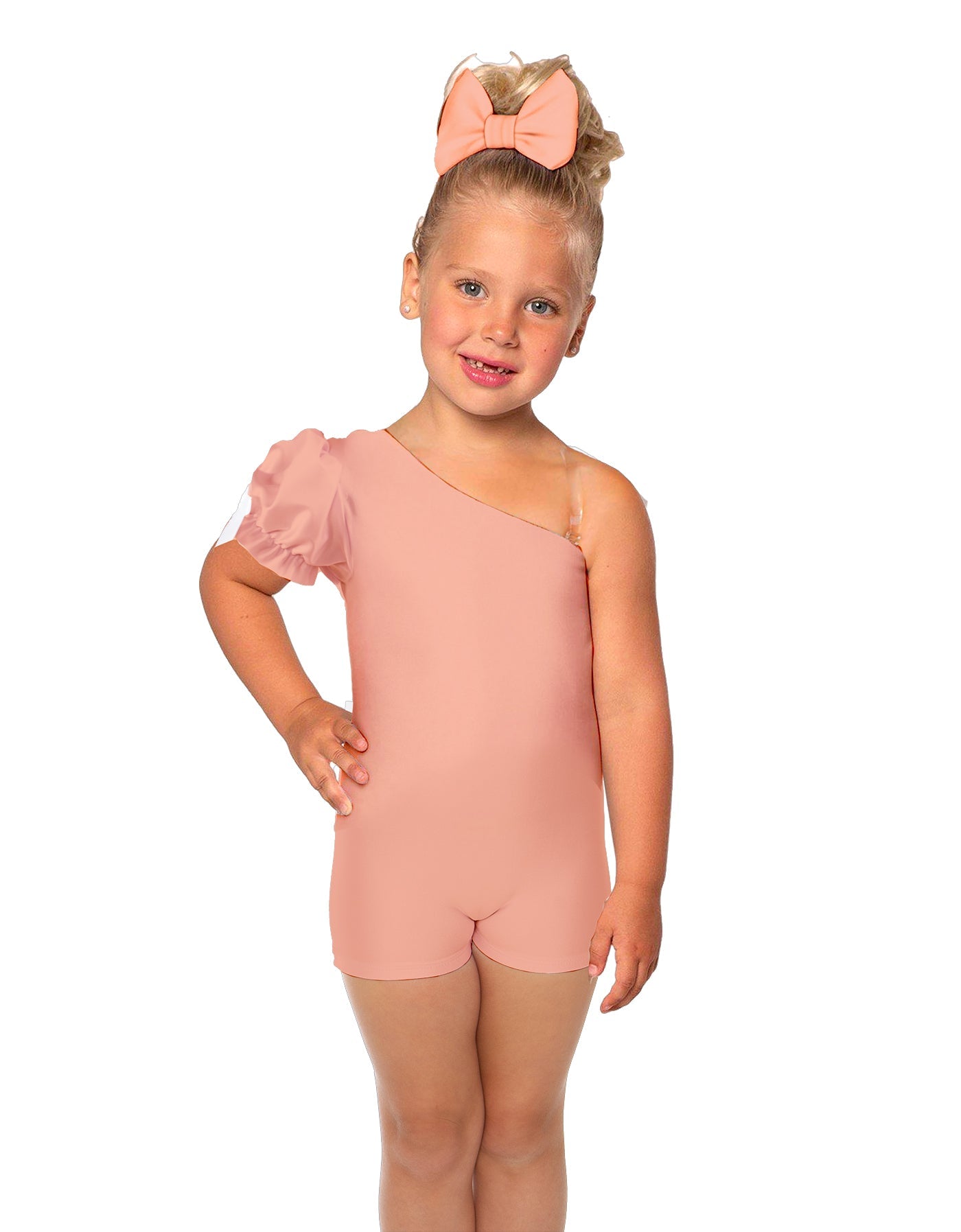 Solid Lycra One Shoulder Puff Sleeve Biketard