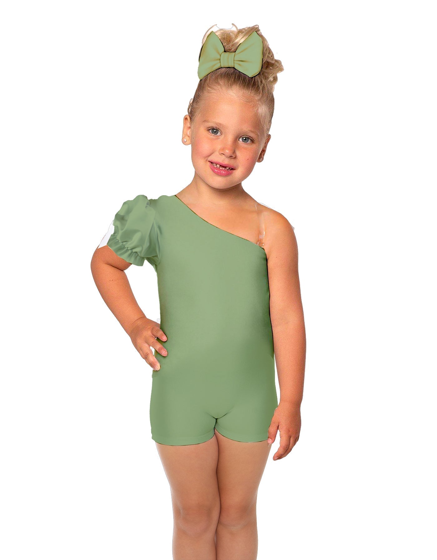 Solid Lycra One Shoulder Puff Sleeve Biketard