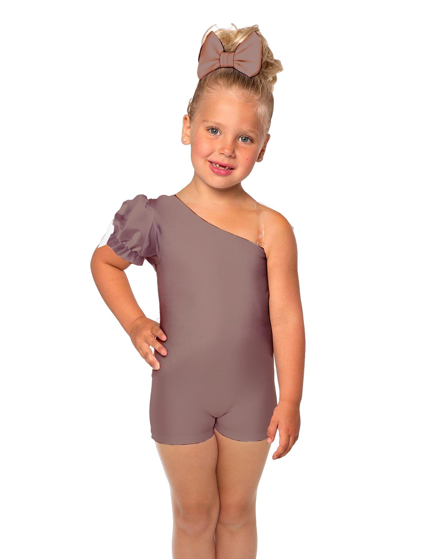 Solid Lycra One Shoulder Puff Sleeve Biketard