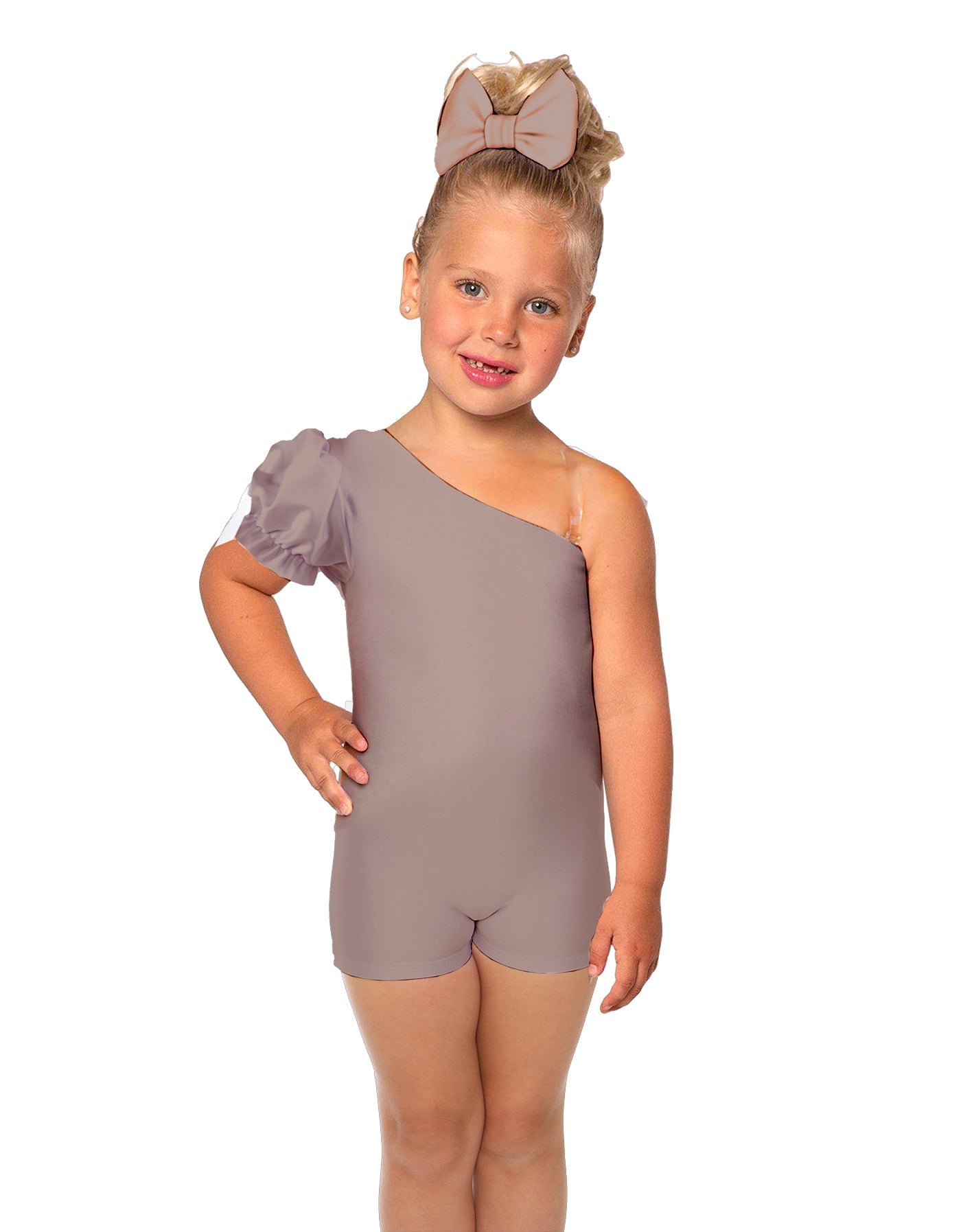 Solid Lycra One Shoulder Puff Sleeve Biketard