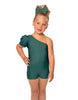 Solid Lycra One Shoulder Puff Sleeve Biketard