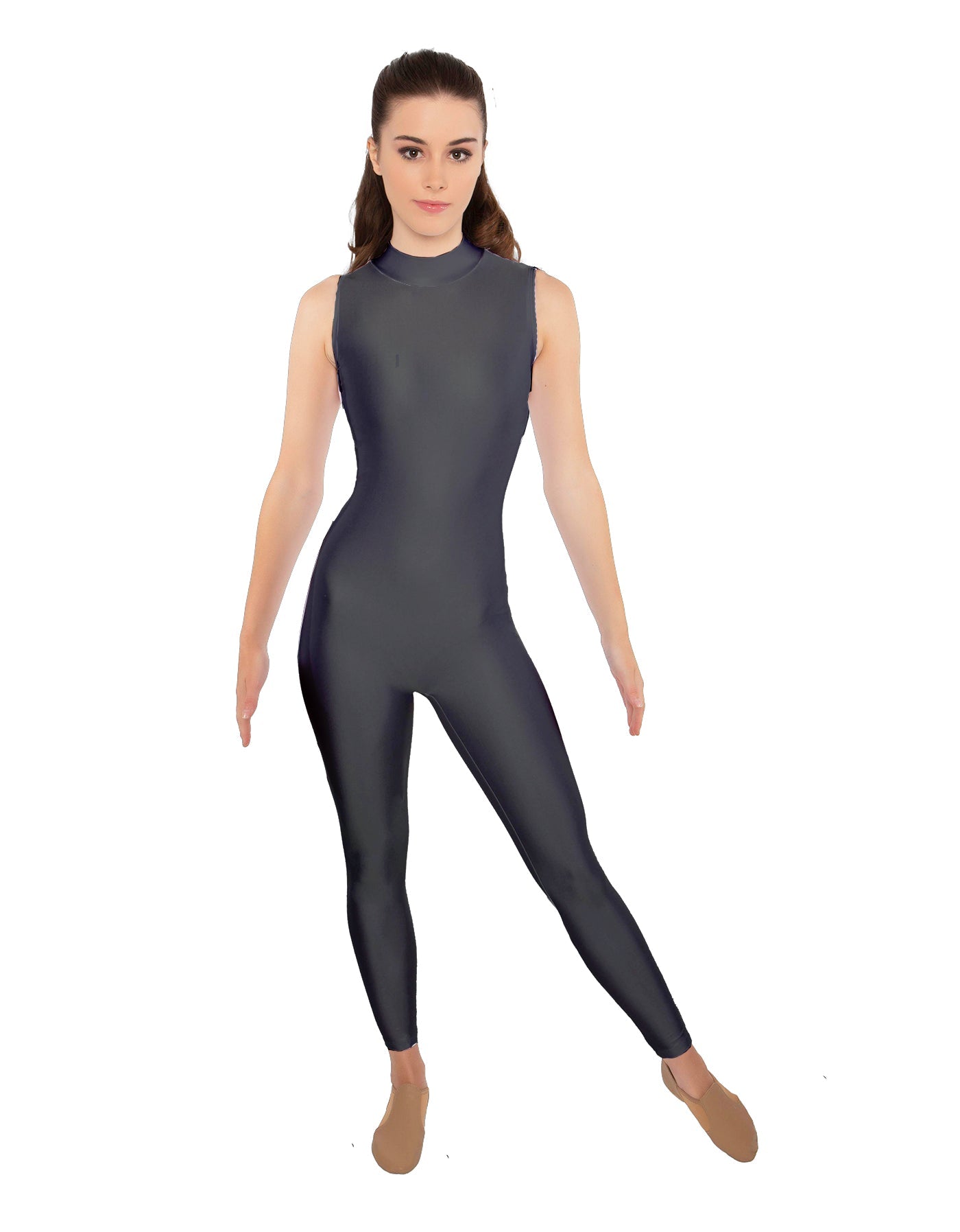 Solid Lycra Tneck Sleeveless Open Back Unitard