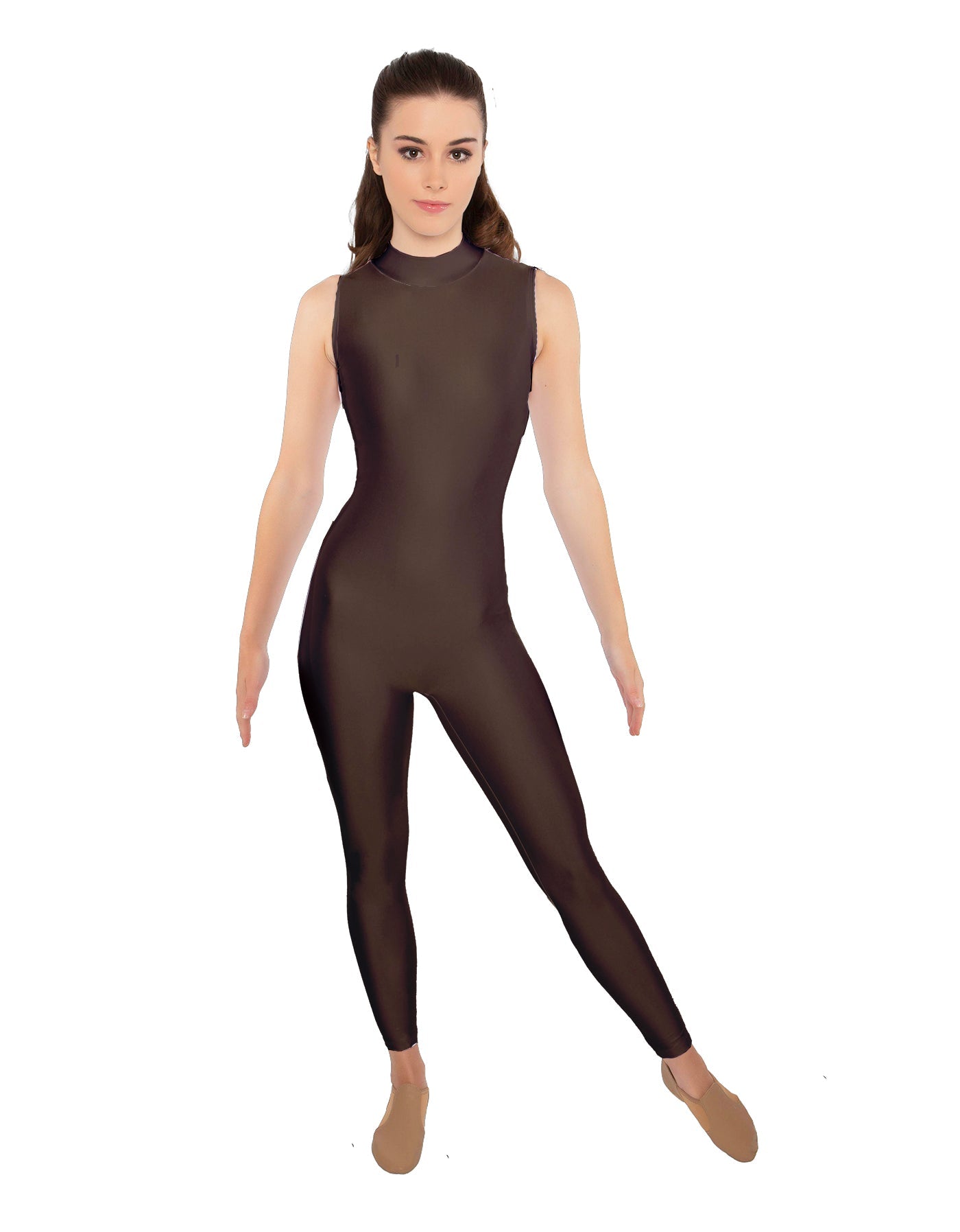 Solid Lycra Tneck Sleeveless Open Back Unitard