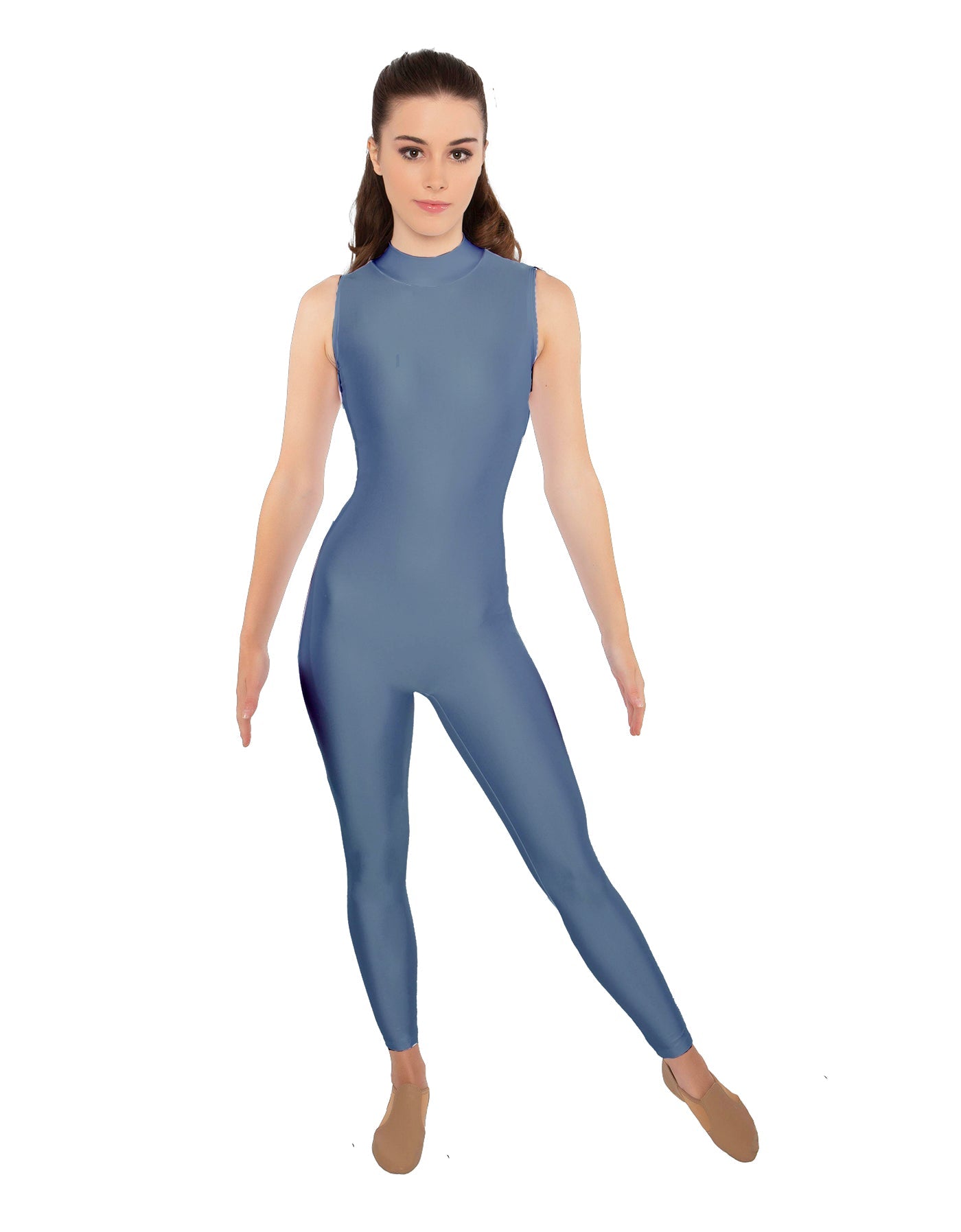 Solid Lycra Tneck Sleeveless Open Back Unitard