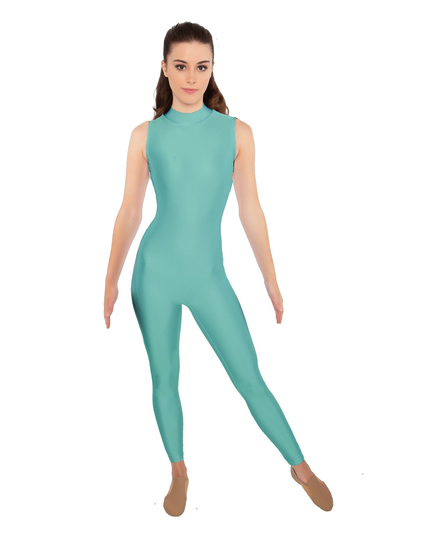 Solid Lycra Tneck Sleeveless Open Back Unitard