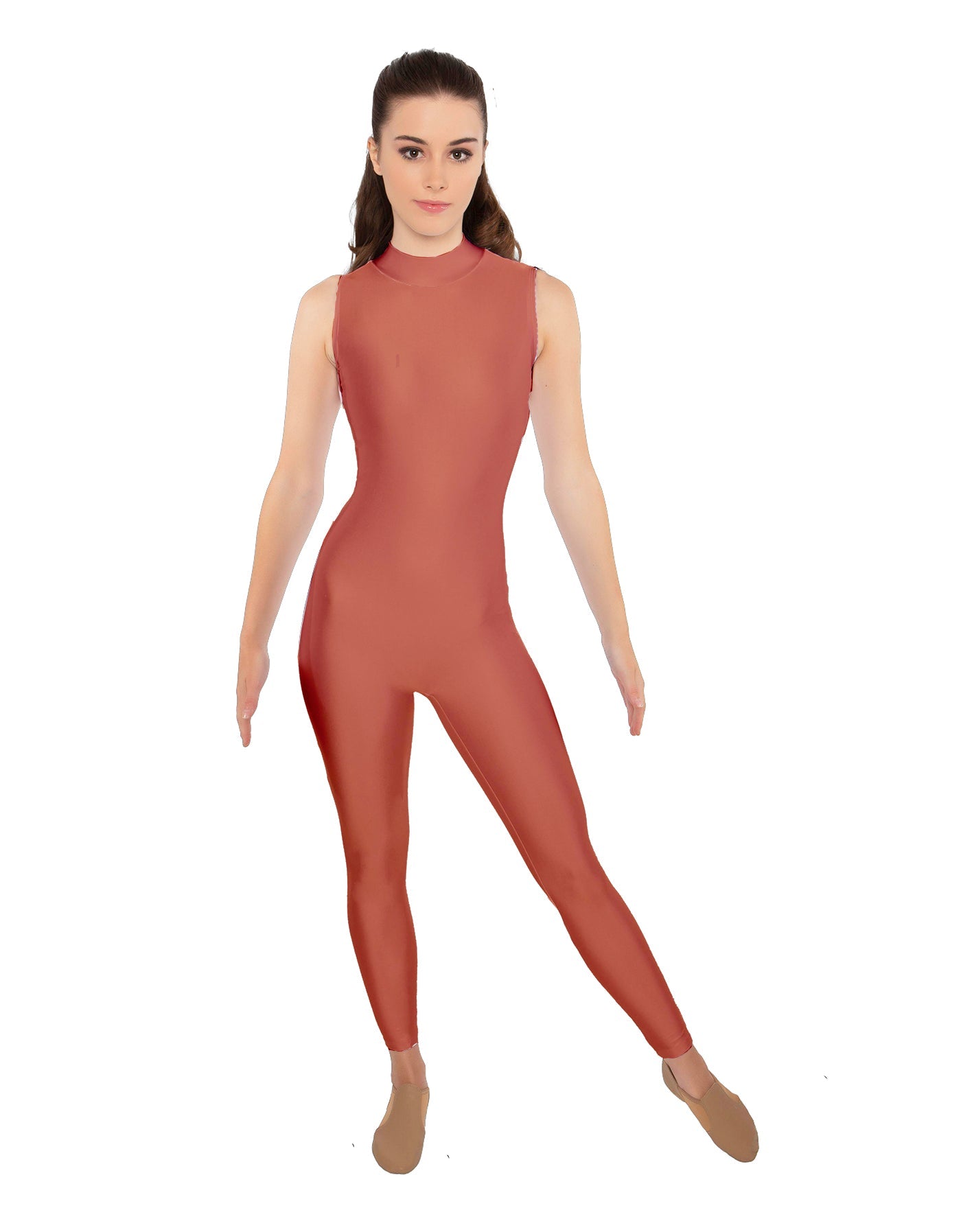Solid Lycra Tneck Sleeveless Open Back Unitard