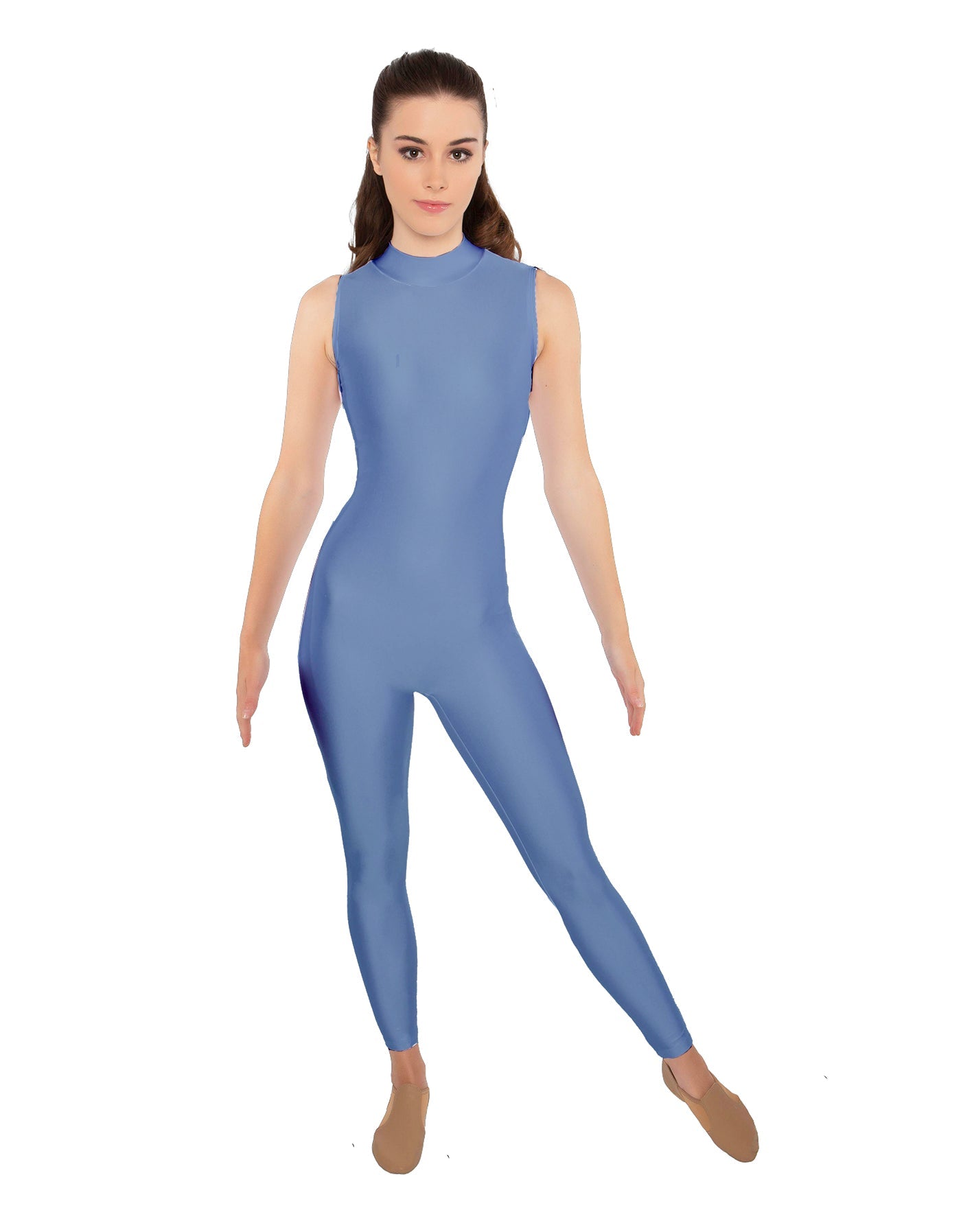 Solid Lycra Tneck Sleeveless Open Back Unitard