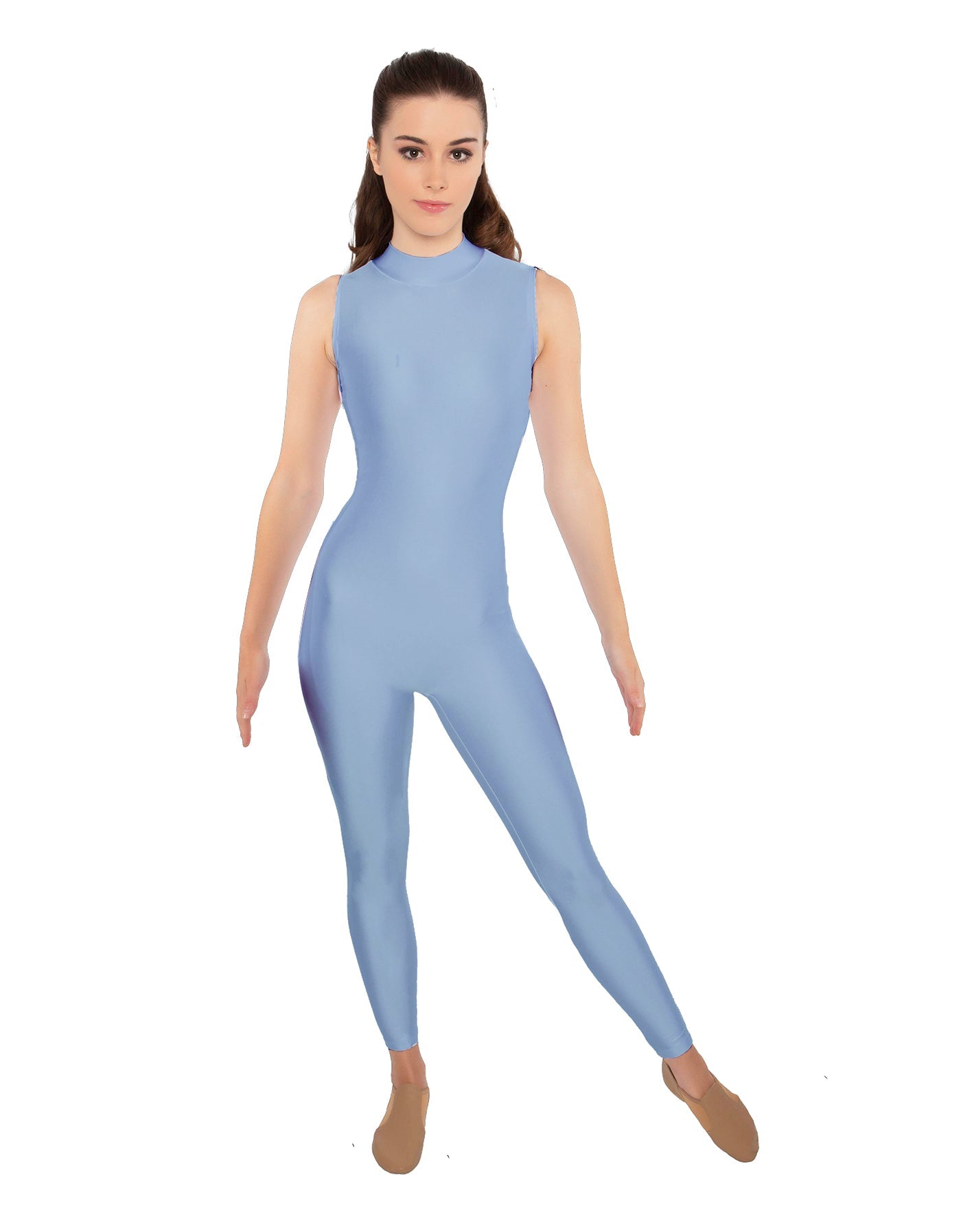 Solid Lycra Tneck Sleeveless Open Back Unitard