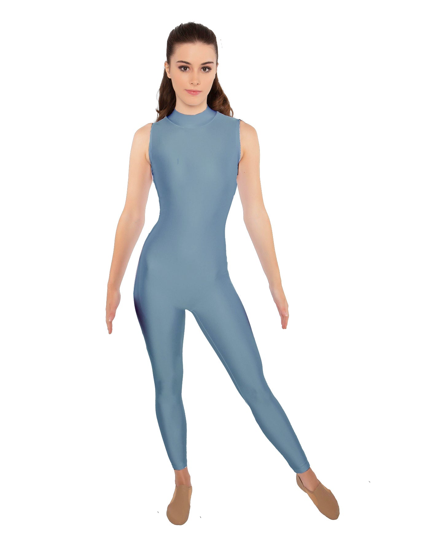 Solid Lycra Tneck Sleeveless Open Back Unitard