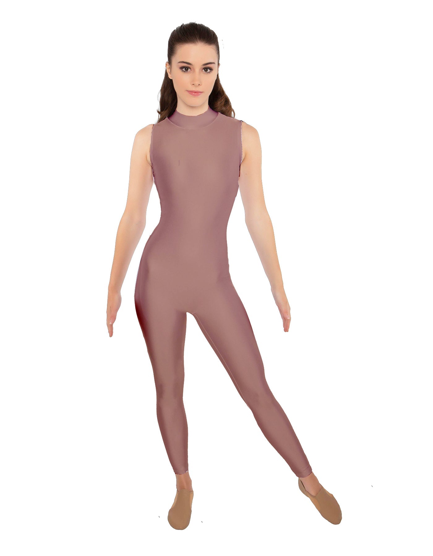 Solid Lycra Tneck Sleeveless Open Back Unitard