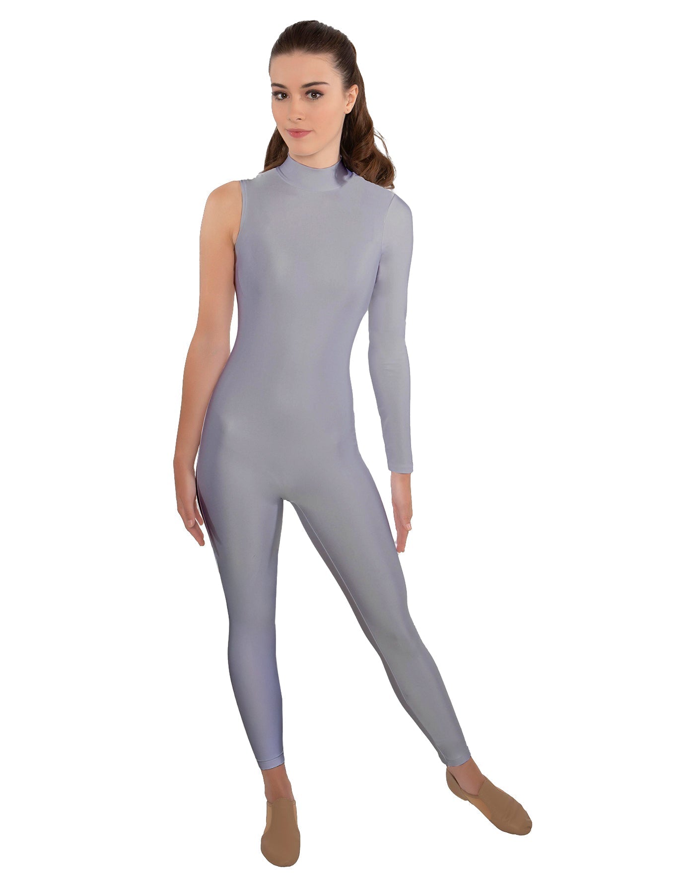 Solid Lycra One Sleeve TNeck Zipper Back Unitard