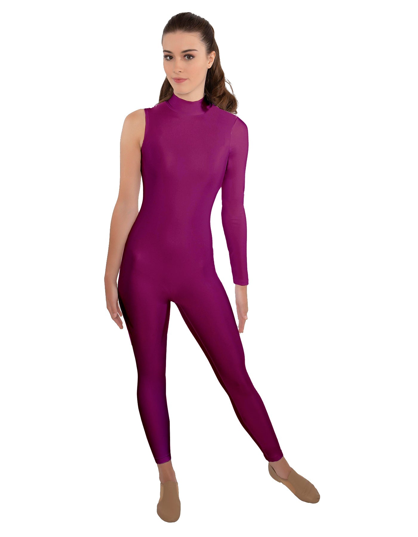 Solid Lycra One Sleeve TNeck Zipper Back Unitard