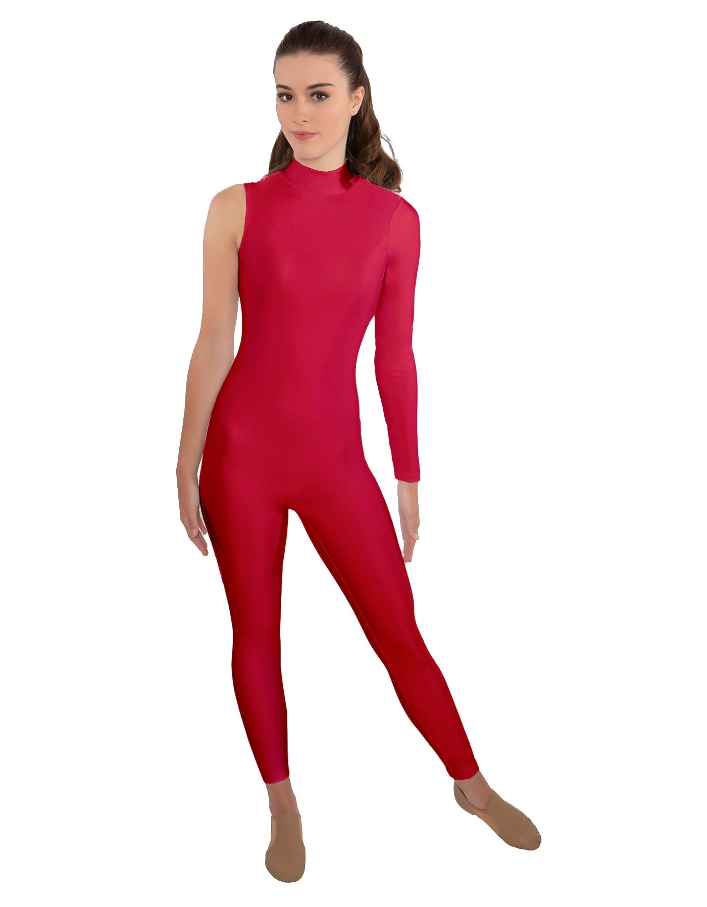 Solid Lycra One Sleeve TNeck Zipper Back Unitard