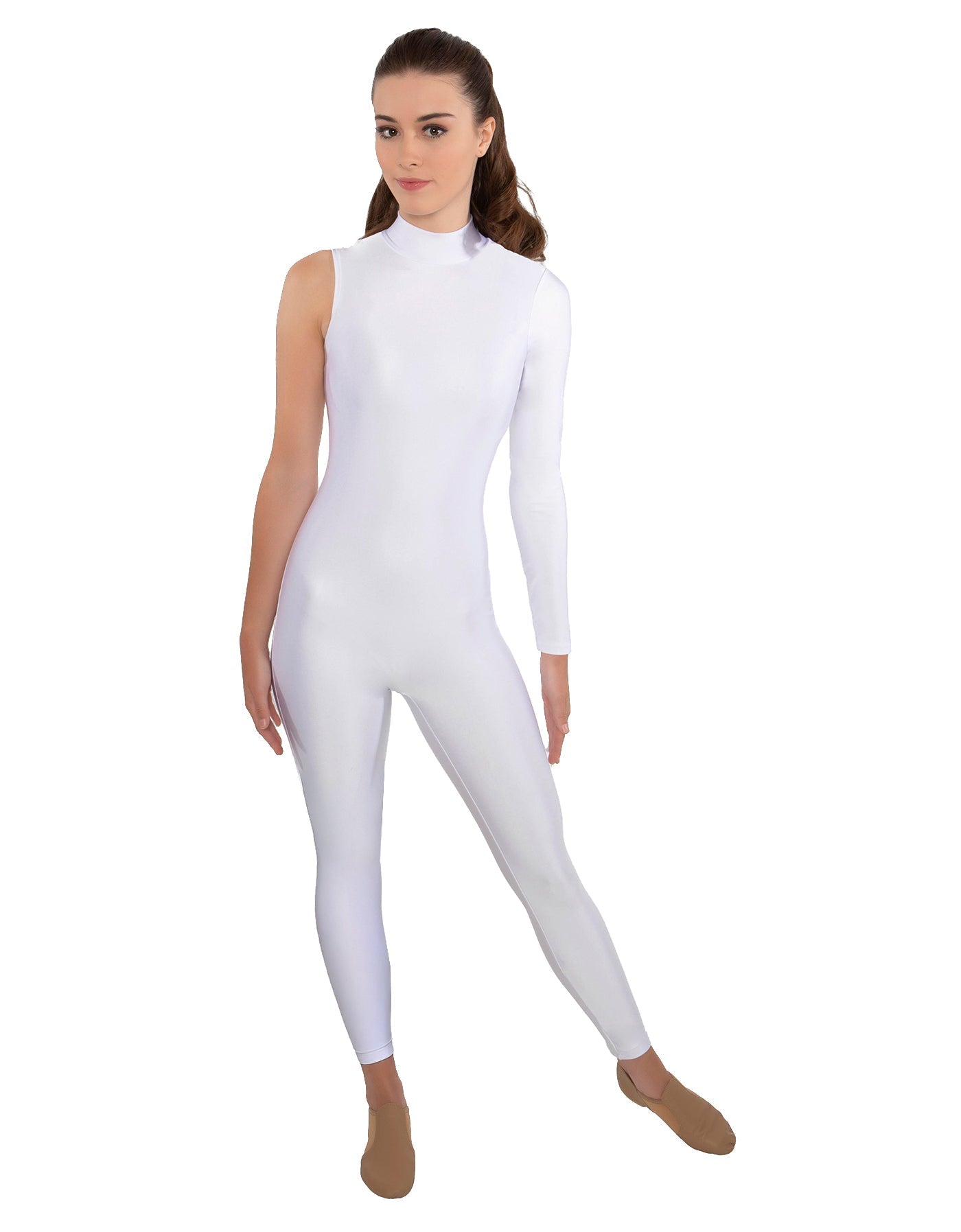 Solid Lycra One Sleeve TNeck Zipper Back Unitard