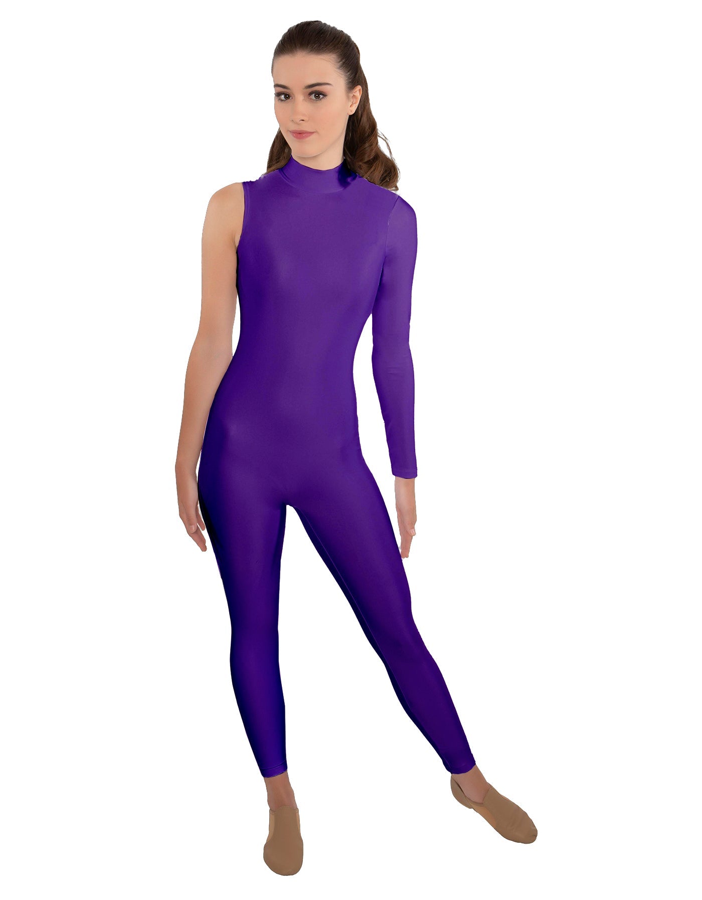 Solid Lycra One Sleeve TNeck Zipper Back Unitard