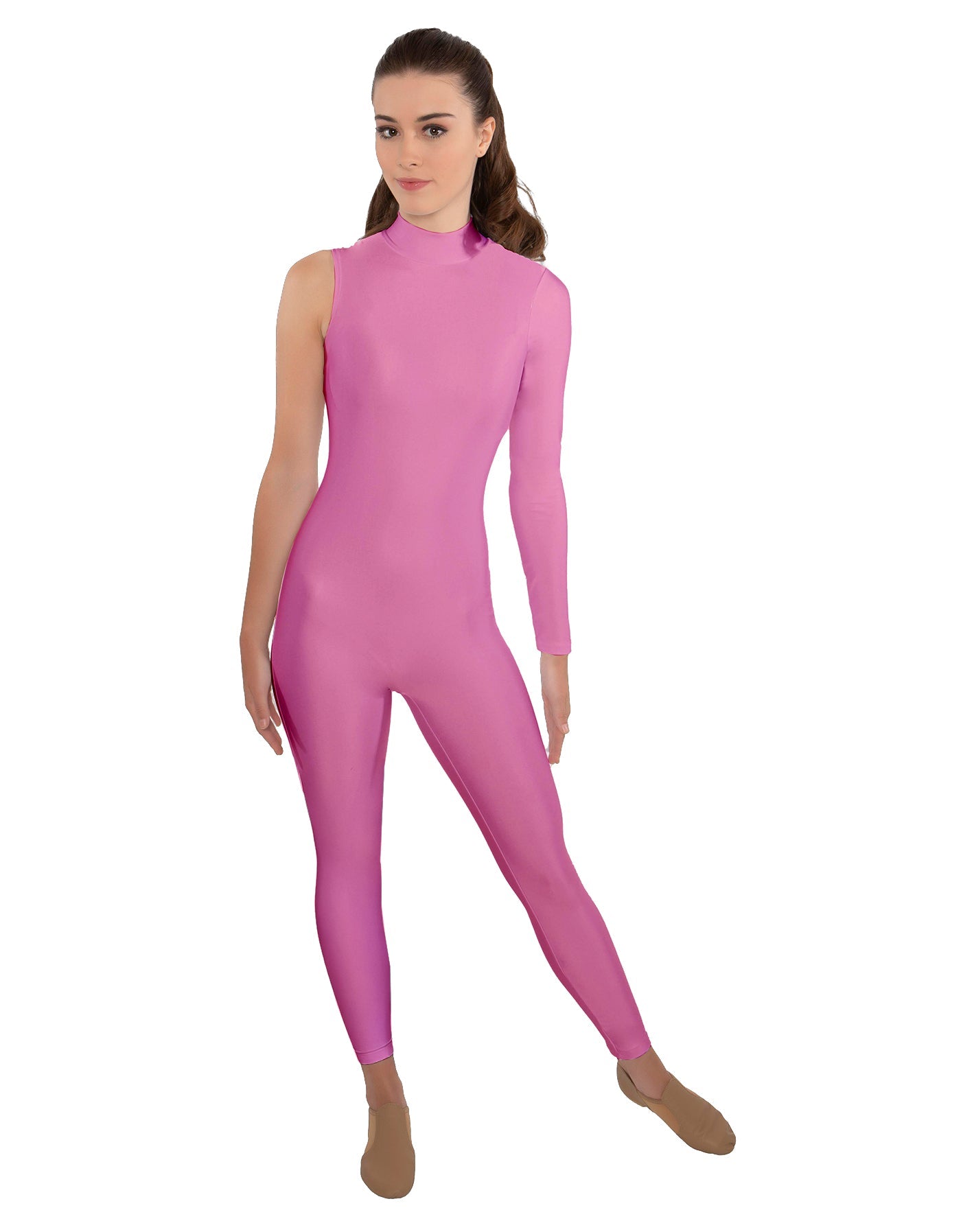 Solid Lycra One Sleeve TNeck Zipper Back Unitard
