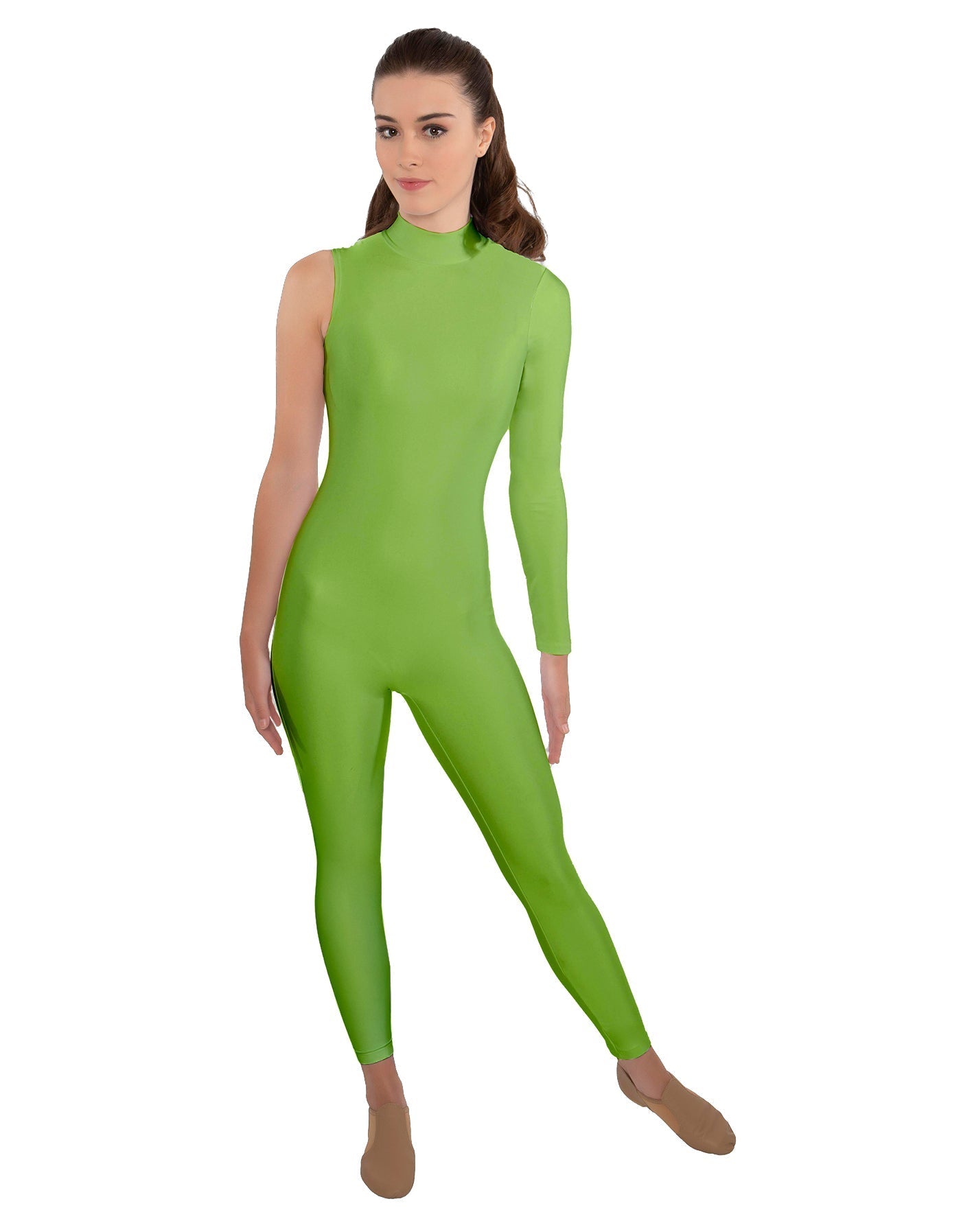 Solid Lycra One Sleeve TNeck Zipper Back Unitard
